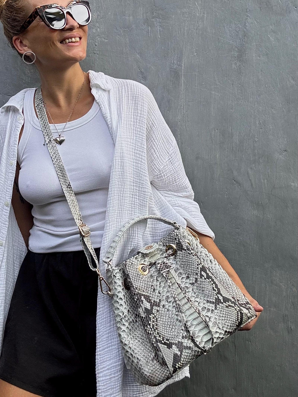Genuine python skin grey bucket crosshandle bag/ designer women purse — Red