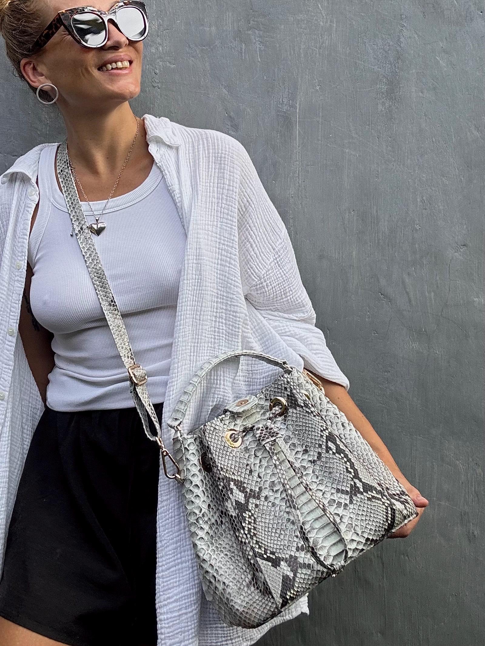 Genuine python skin grey bucket crosshandle bag/ designer women purse — Red