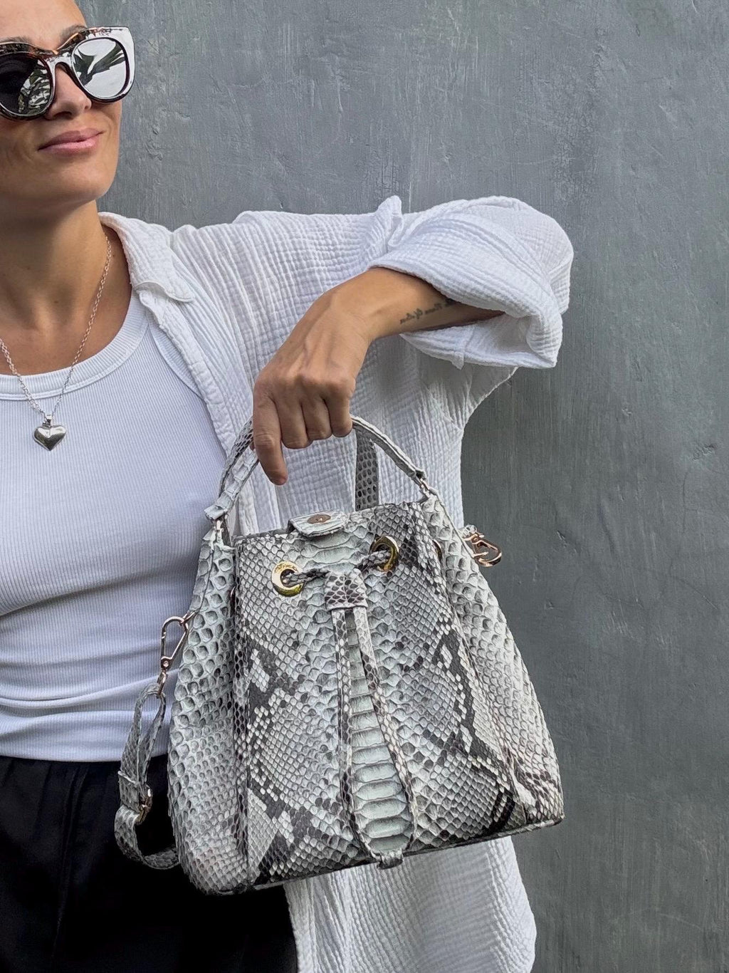 Genuine python skin grey bucket crosshandle bag/ designer women purse — Red