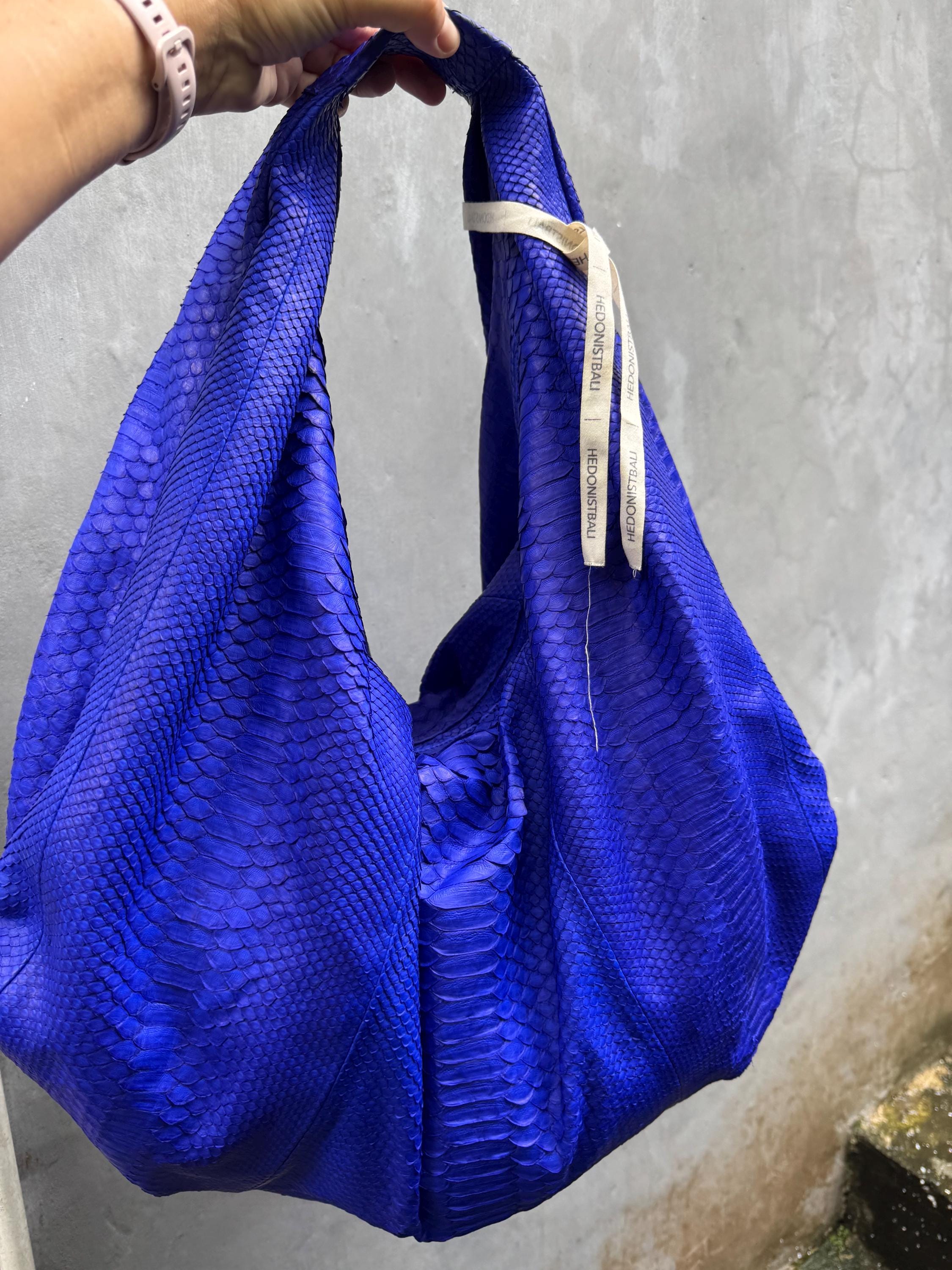 Big Soft Hobo Classy Sport Woman Bag | Purse Genuine Python Skin | Python Skin Products | Blue Big Elegant Leather Designer Soft Bag Snake