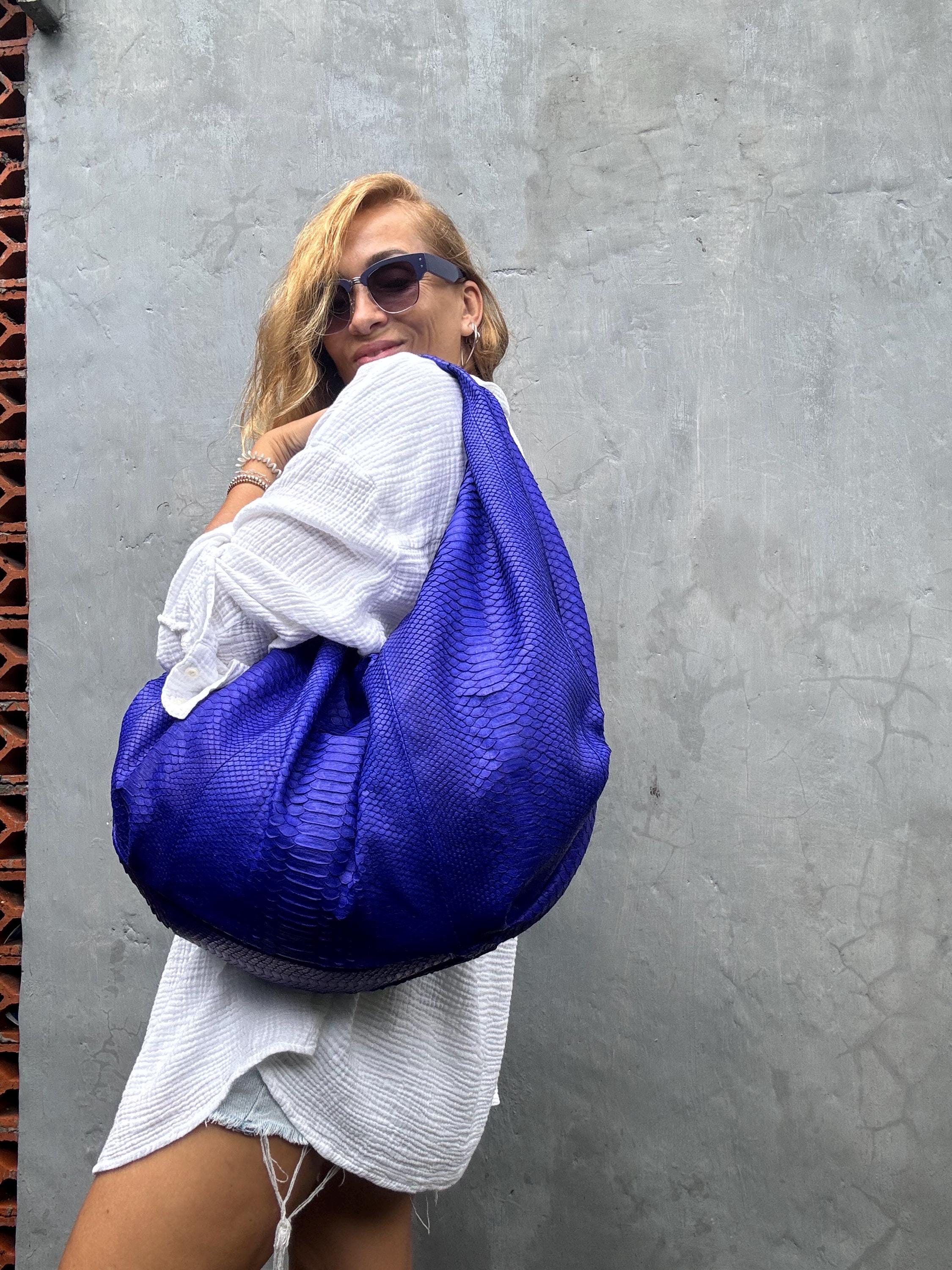 Big Soft Hobo Classy Sport Woman Bag | Purse Genuine Python Skin | Python Skin Products | Blue Big Elegant Leather Designer Soft Bag Snake