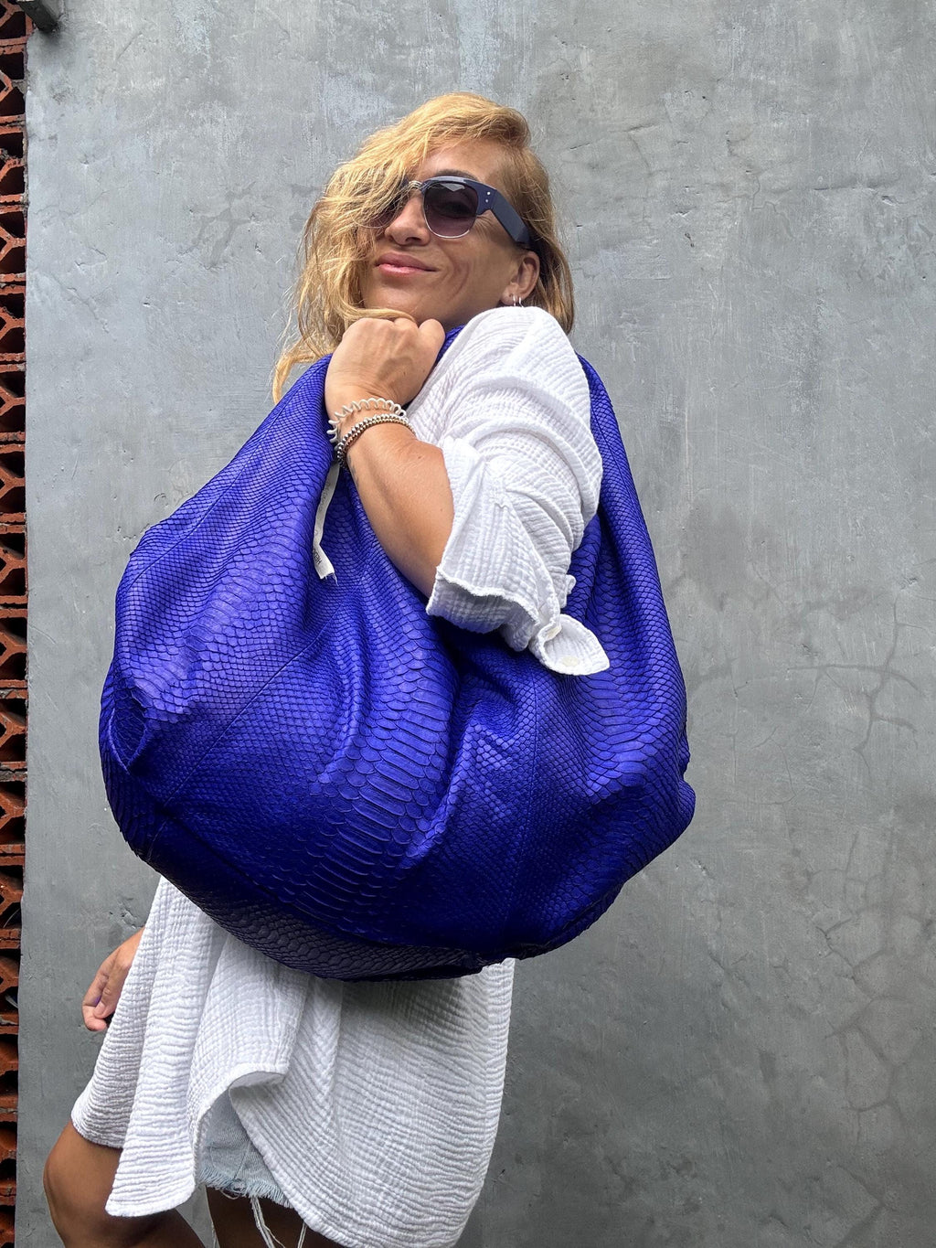Big Soft Hobo Classy Sport Woman Bag | Purse Genuine Python Skin | Python Skin Products | Blue Big Elegant Leather Designer Soft Bag Snake