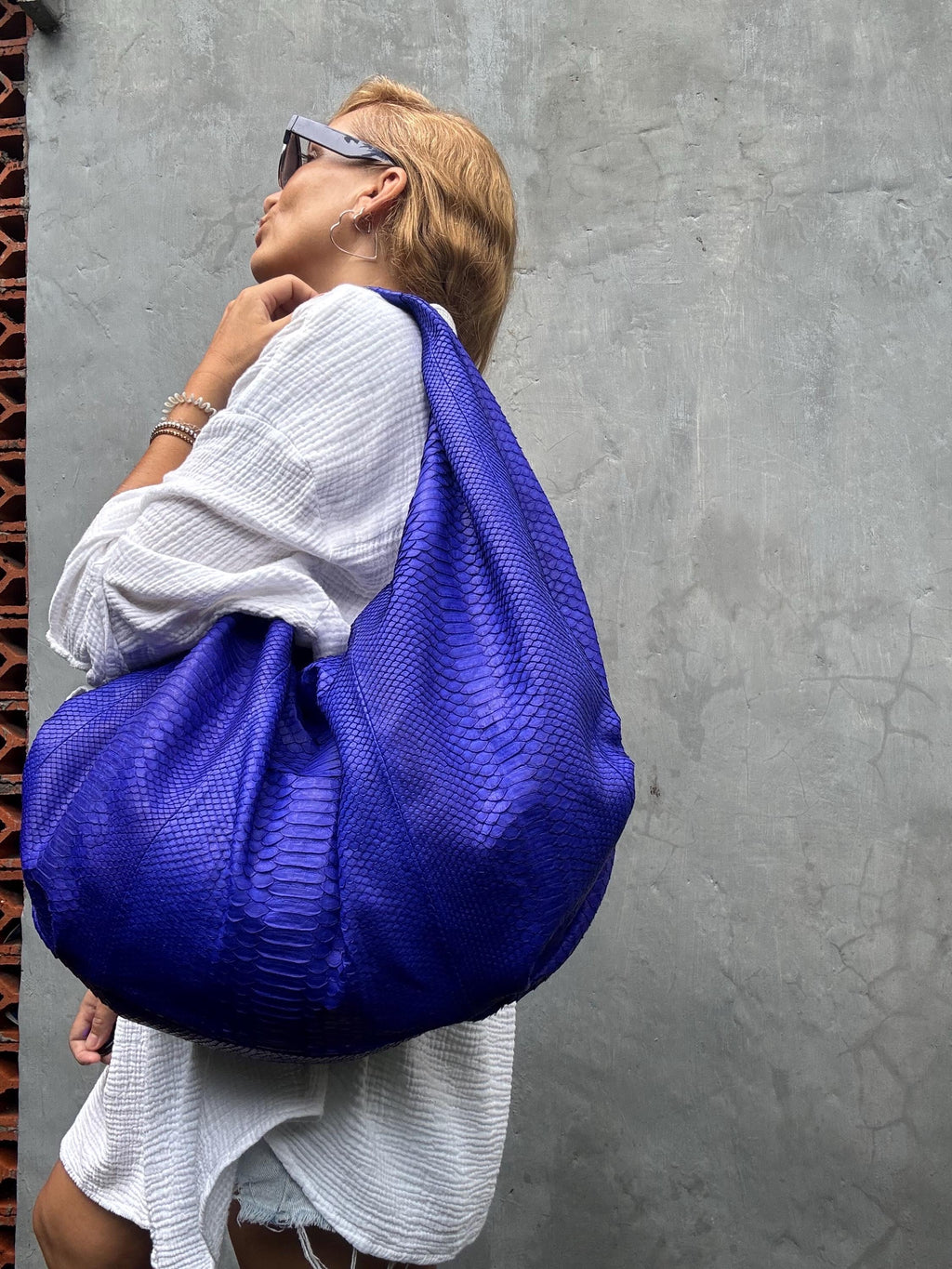 Big Soft Hobo Classy Sport Woman Bag | Purse Genuine Python Skin | Python Skin Products | Blue Big Elegant Leather Designer Soft Bag Snake