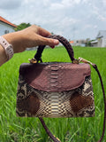 Genuine Python Skin Top Handle Bag — Brown