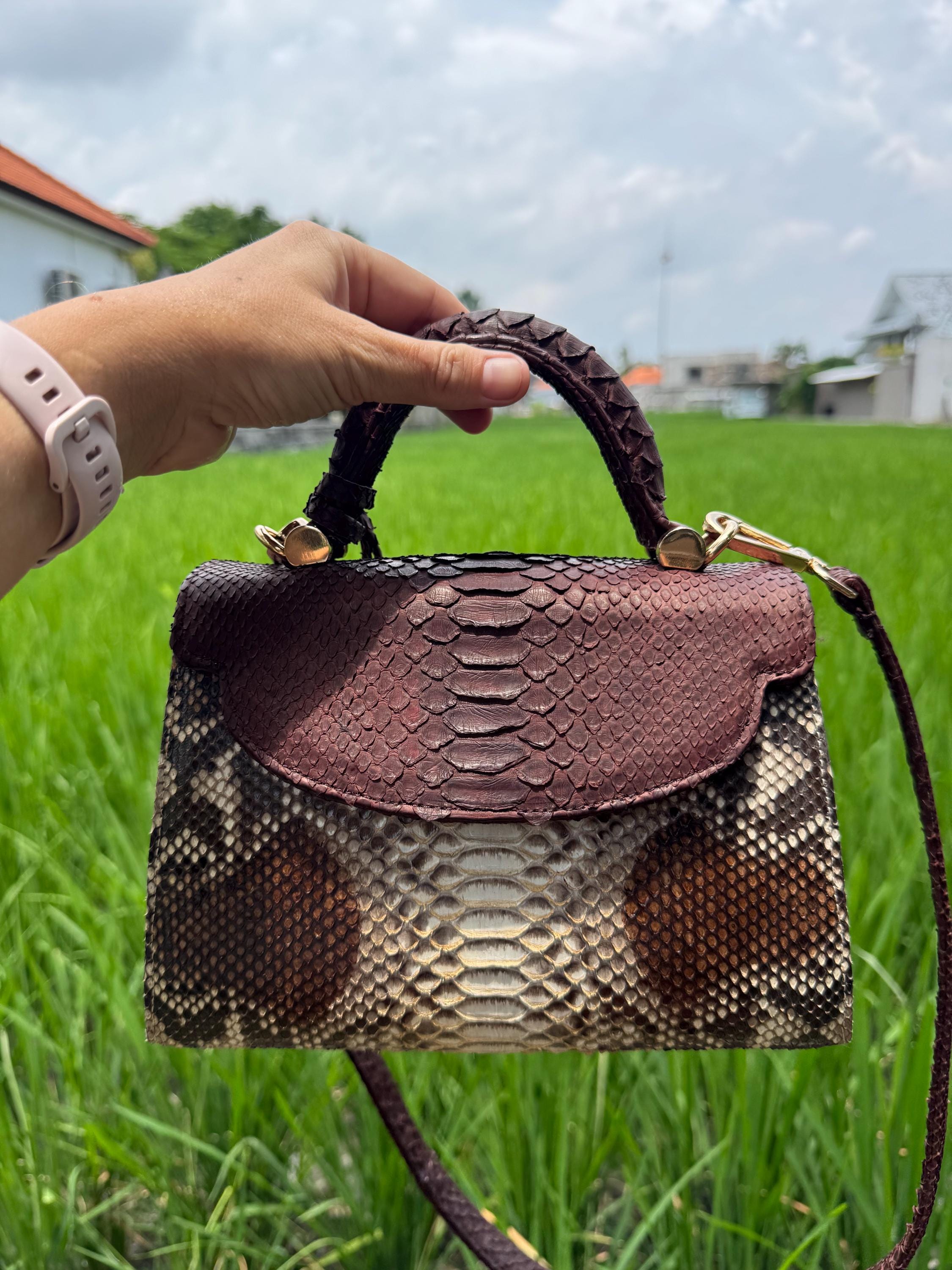 Genuine python top handle bag / designer bag / exotic leather bag / brown purse exotic leather / snake  print designer classy purse — Red