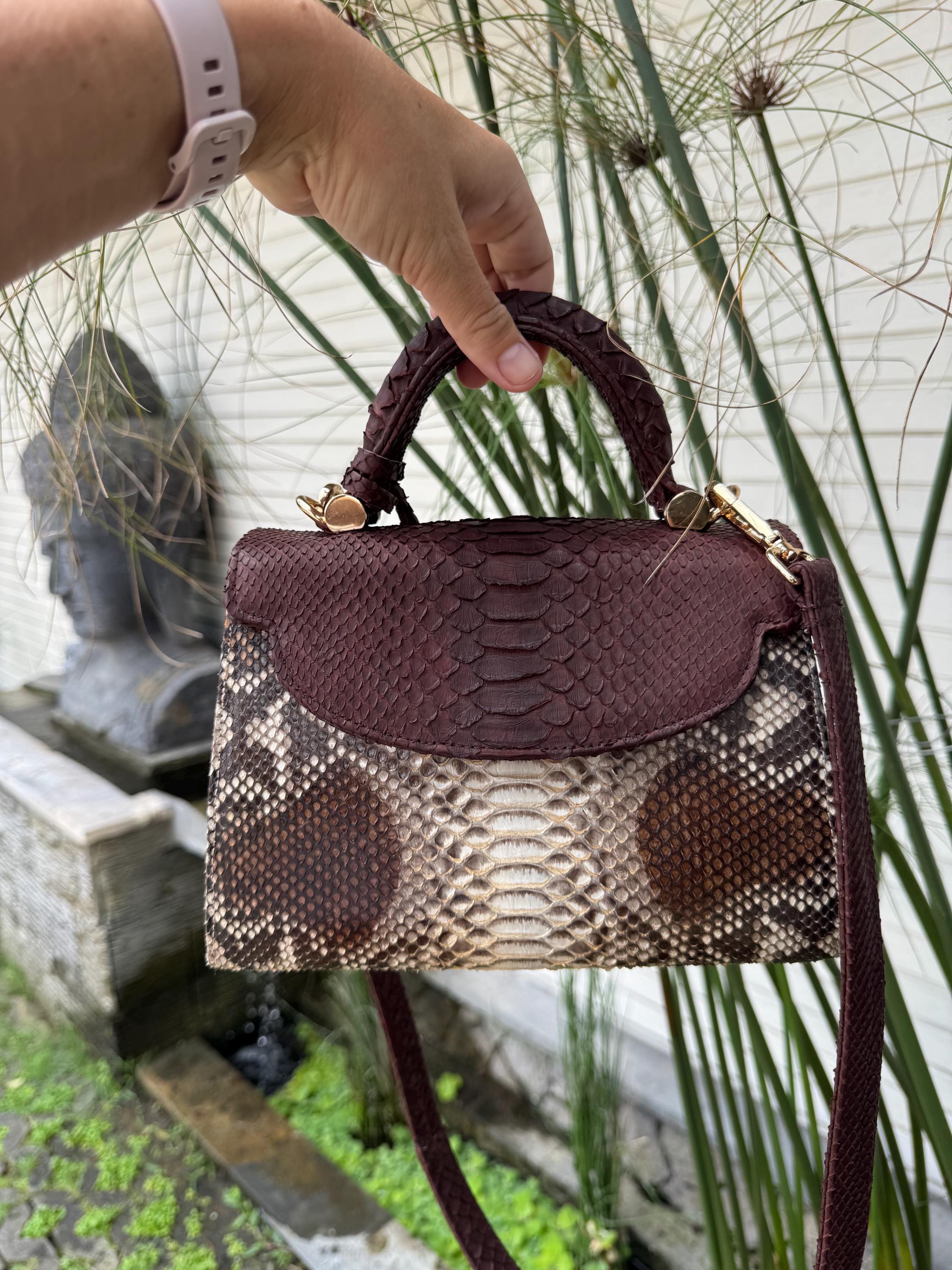 Genuine python top handle bag / designer bag / exotic leather bag / brown purse exotic leather / snake  print designer classy purse — Red