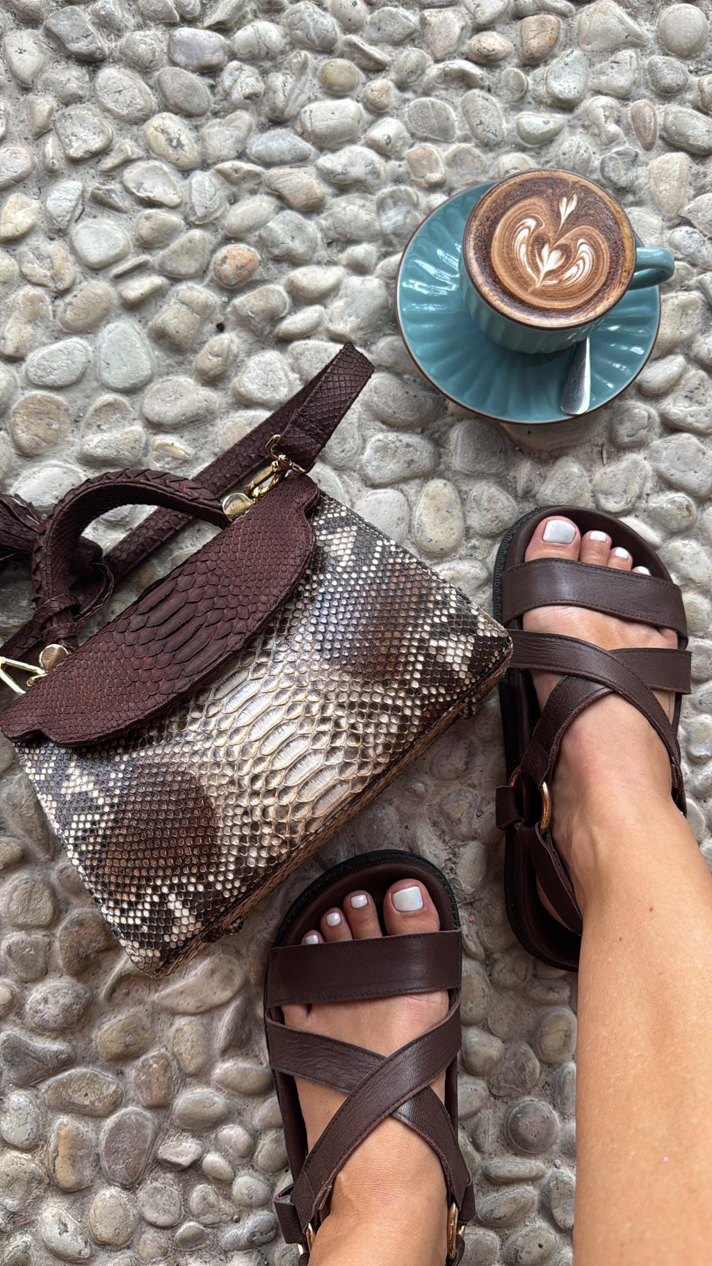 Genuine Python Skin Top Handle Bag — Brown