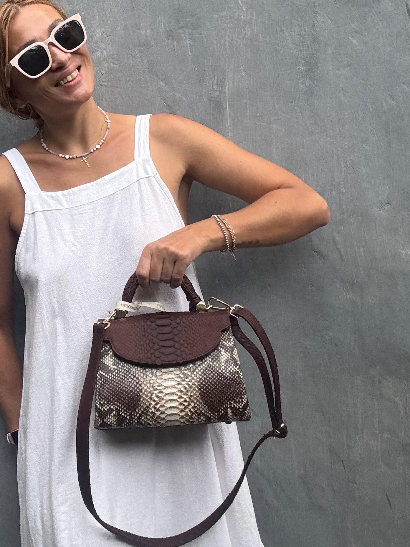 Genuine Python Skin Top Handle Bag — Brown