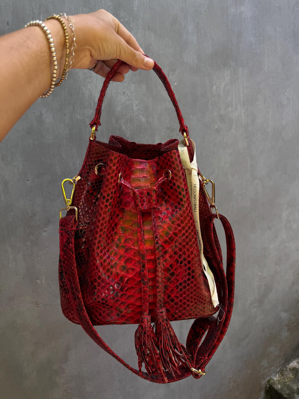 Genuine python skin red bucket crosshandle bag
