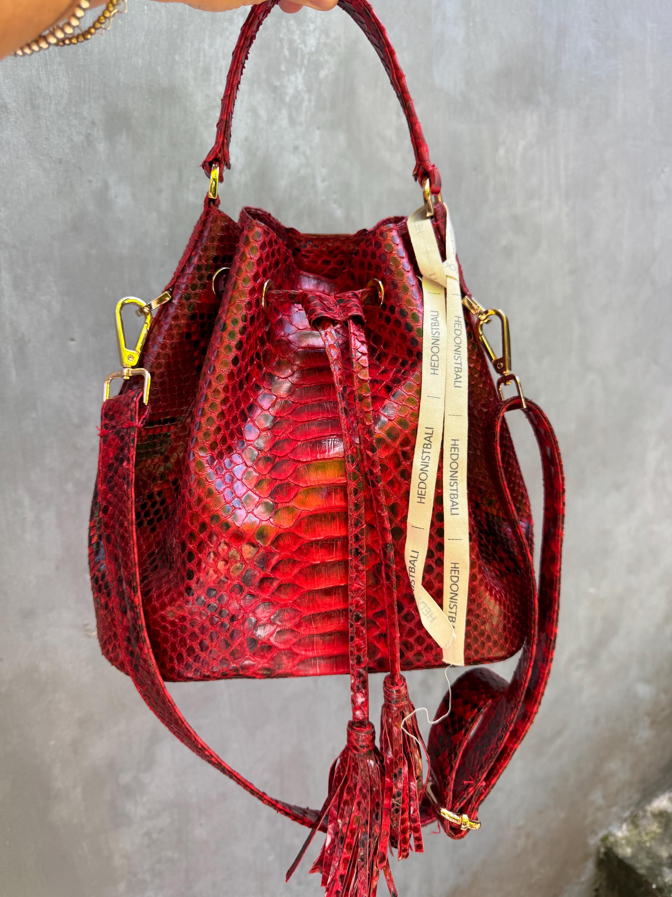 Genuine python skin red bucket crosshandle bag