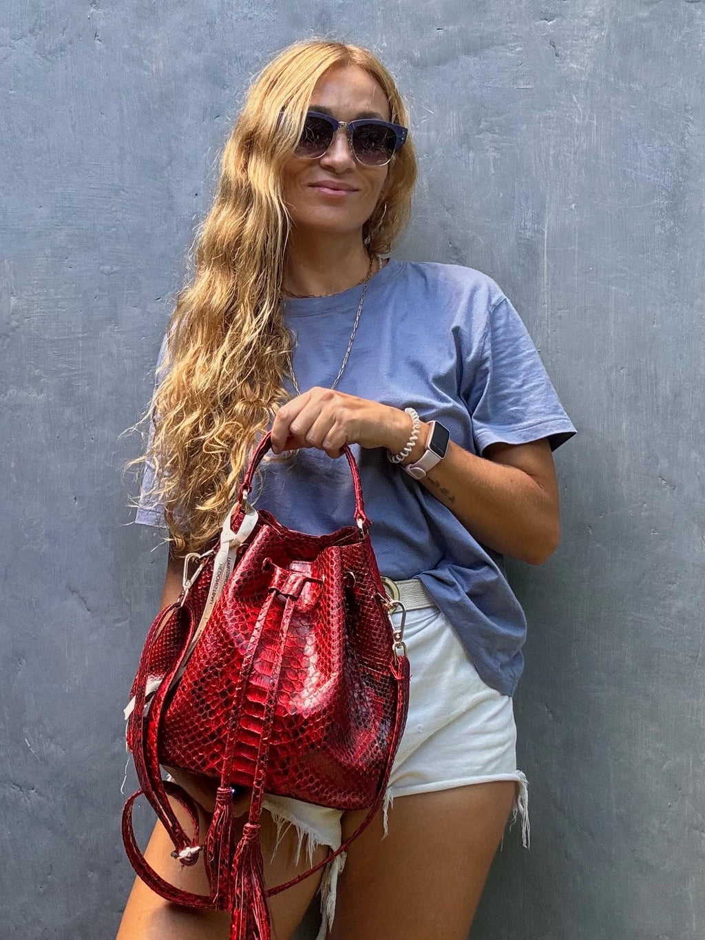 Genuine python skin red bucket crosshandle bag