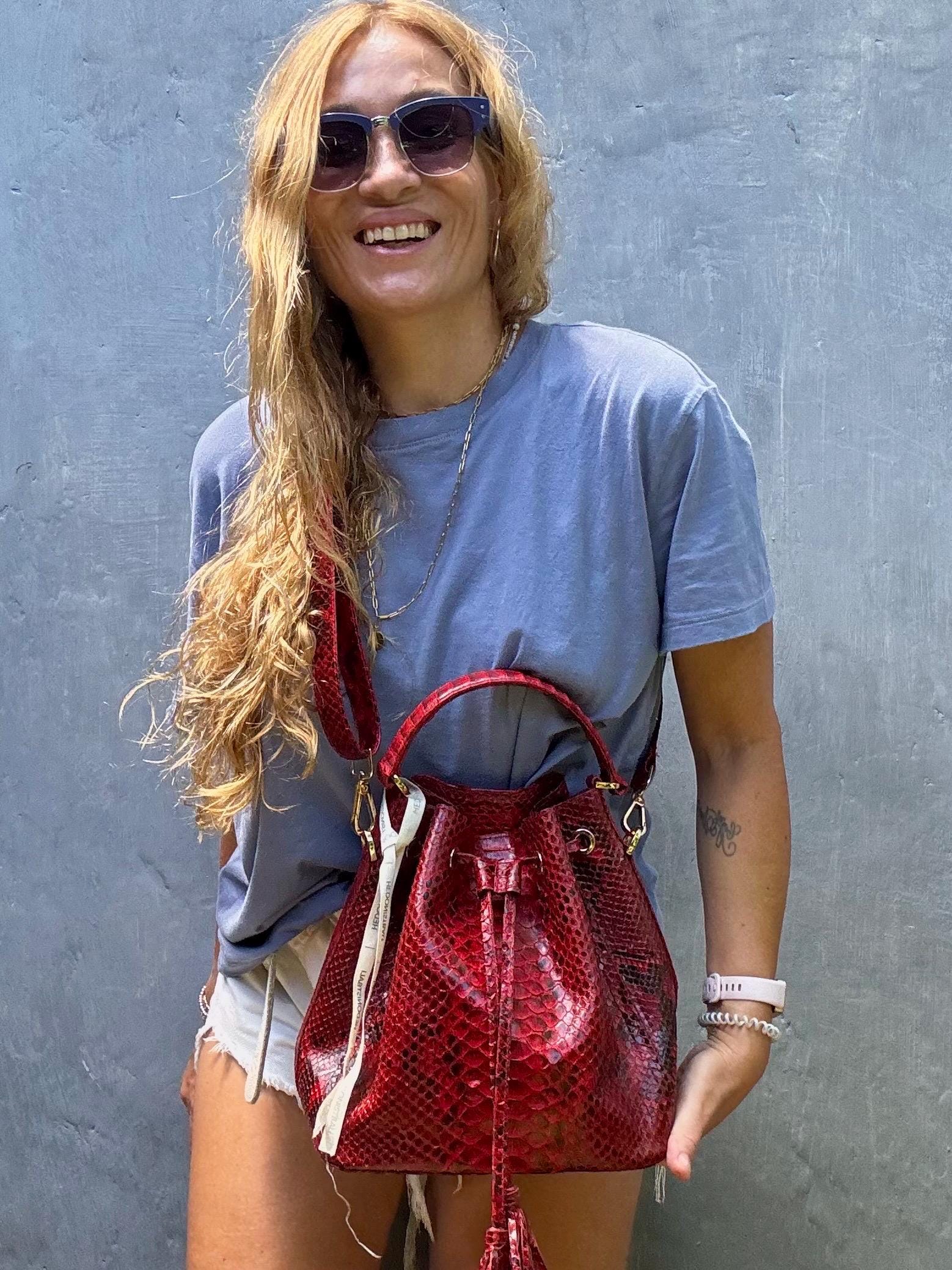 Genuine python skin red bucket crosshandle bag