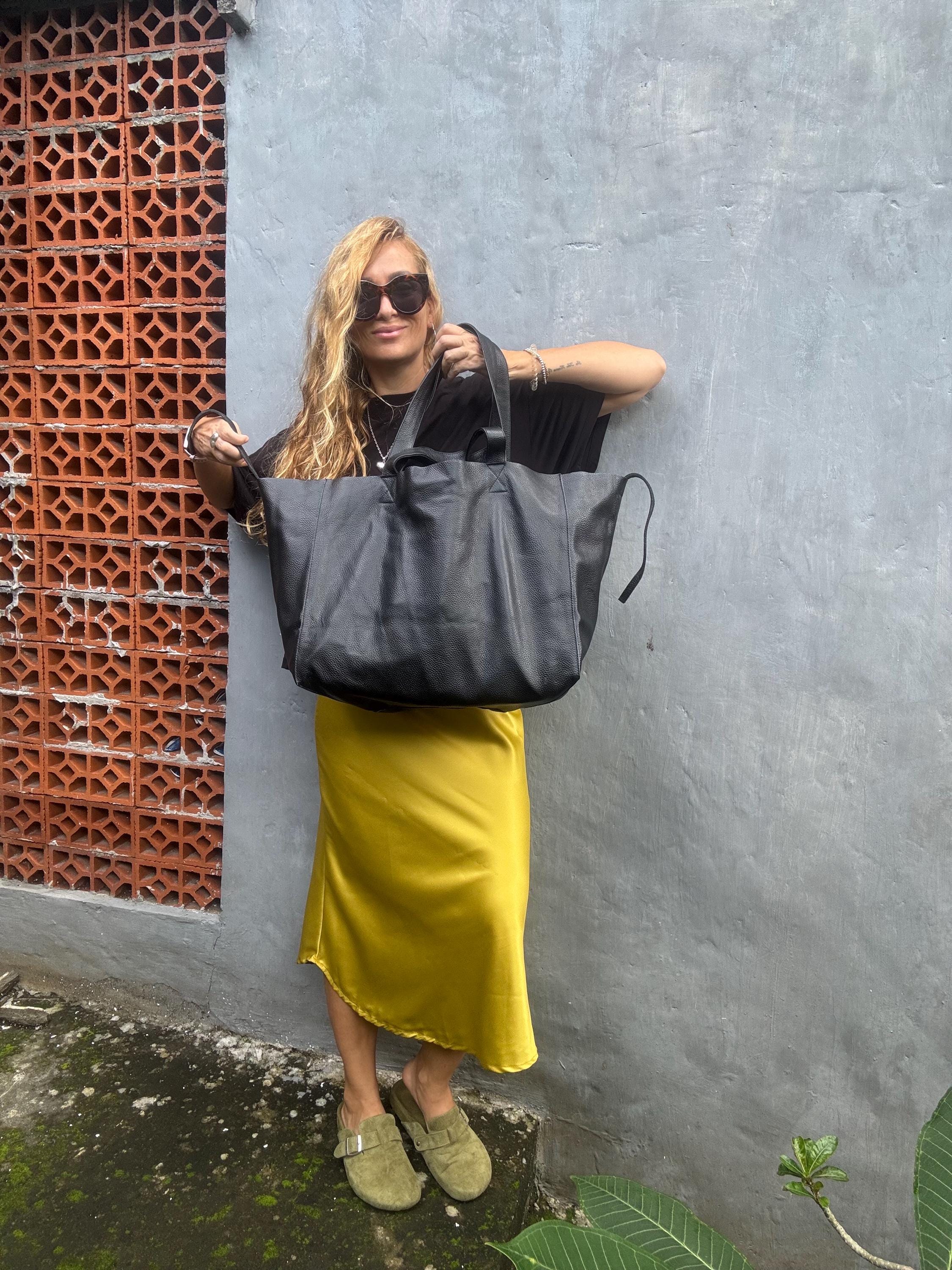 Genuine leather black oversize tote shopper triple handle big bag / everyday purse / handmade bags / designer bags / summer bag /