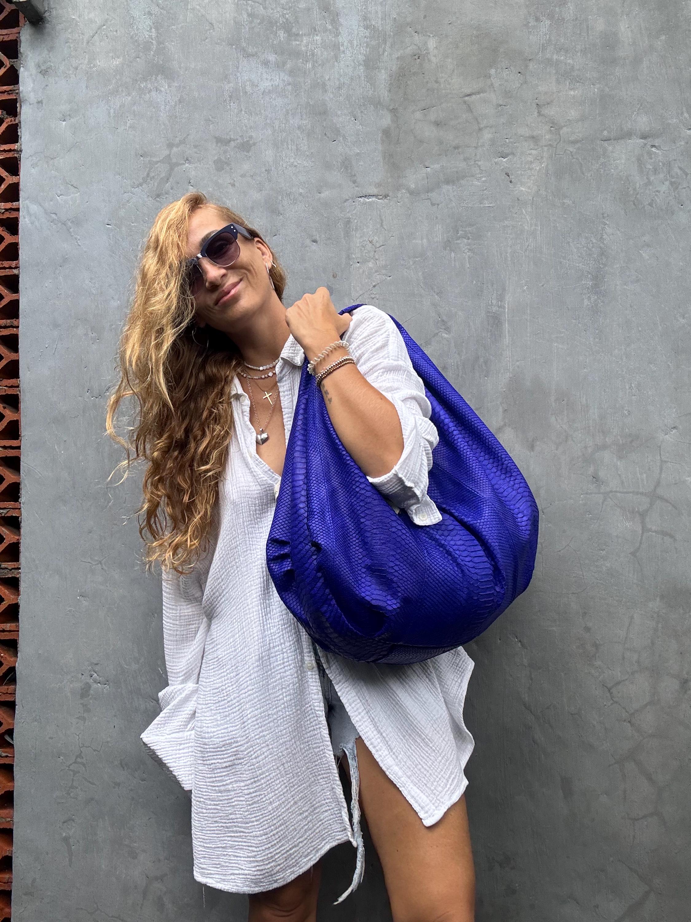 Big Soft Hobo Classy Sport Woman Bag | Purse Genuine Python Skin | Python Skin Products | Blue Big Elegant Leather Designer Soft Bag Snake