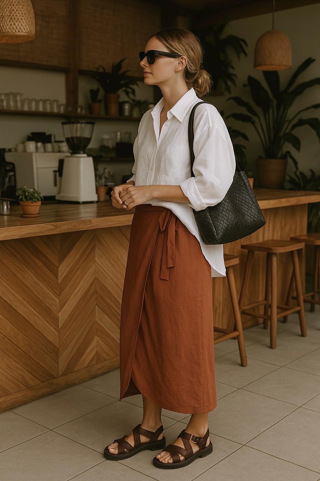 Terracotta Linen Wrap Skirt VERA, Adjustable Waist Midi Linen Skirt, Minimalist Summer Skirt, Handmade Linen Clothing, Cocoon Shape Skirt — Red
