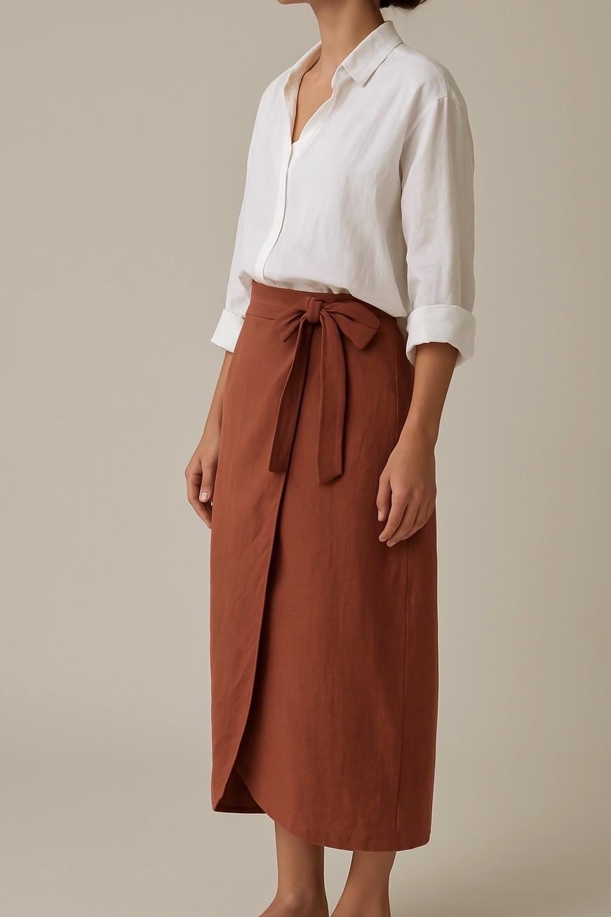 Terracotta Linen Wrap Skirt VERA, Adjustable Waist Midi Linen Skirt, Minimalist Summer Skirt, Handmade Linen Clothing, Cocoon Shape Skirt