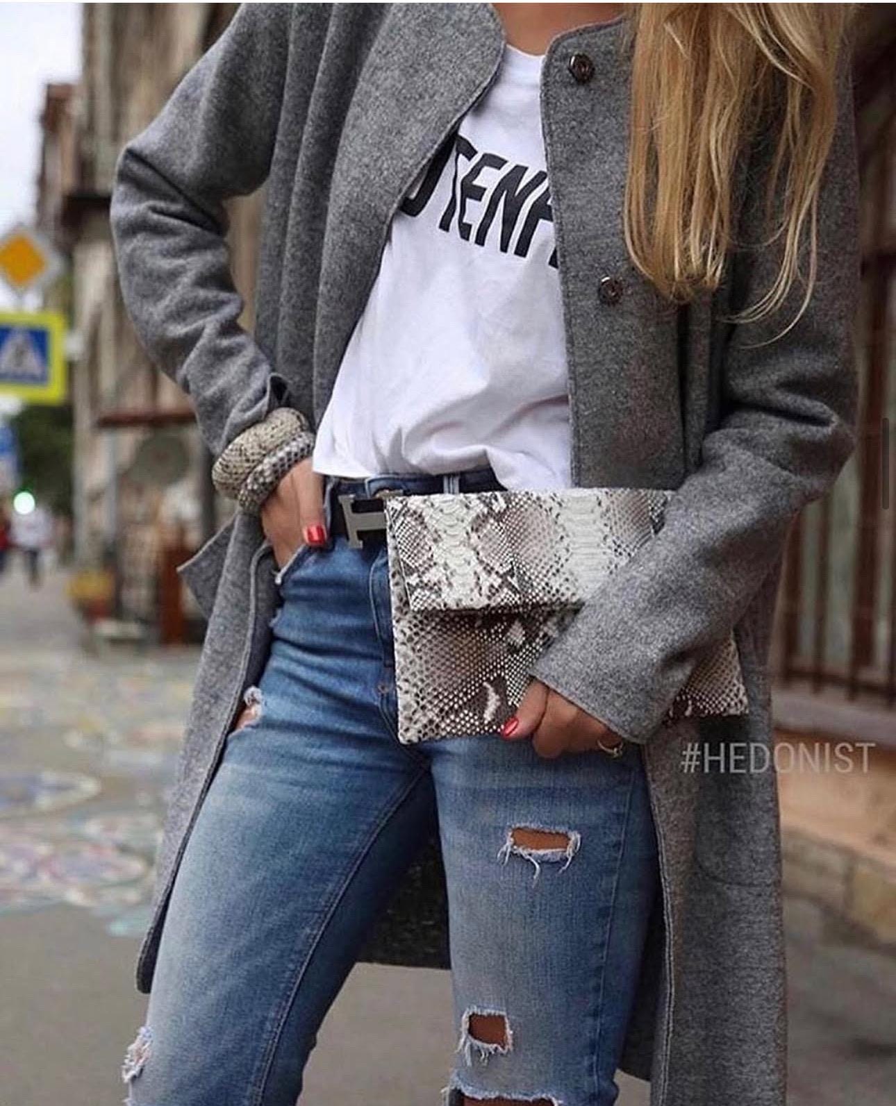 Genuine Python Skin Envelope Clutch — Grey Natural