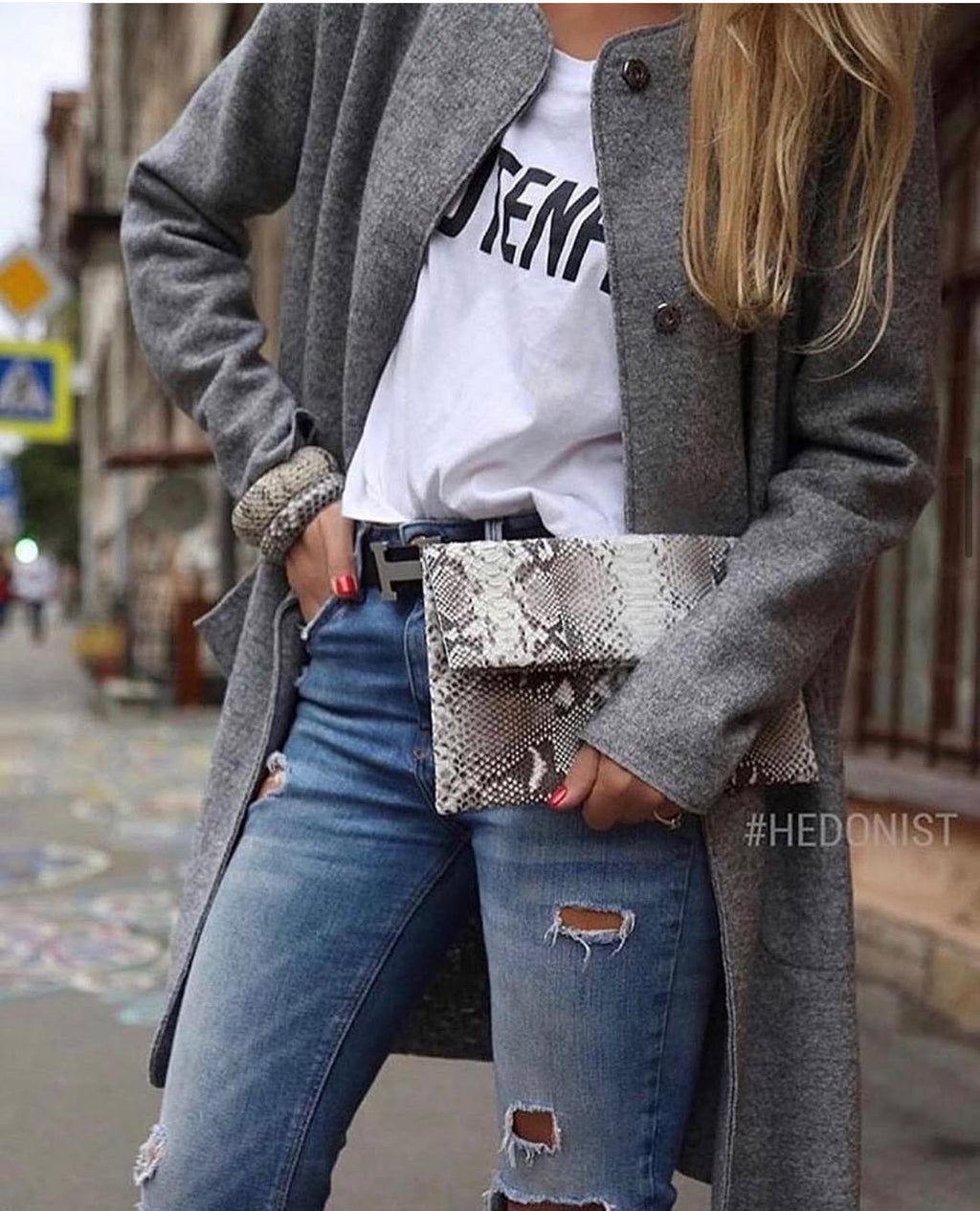Clutch Genuine Python Skin  Grey Clutch Uncolored
