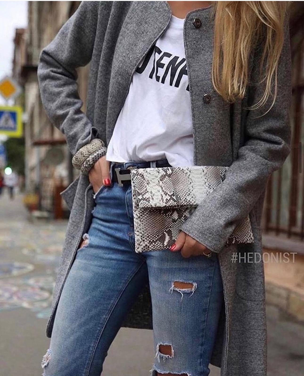 Clutch Genuine Python Skin  Grey Clutch Uncolored