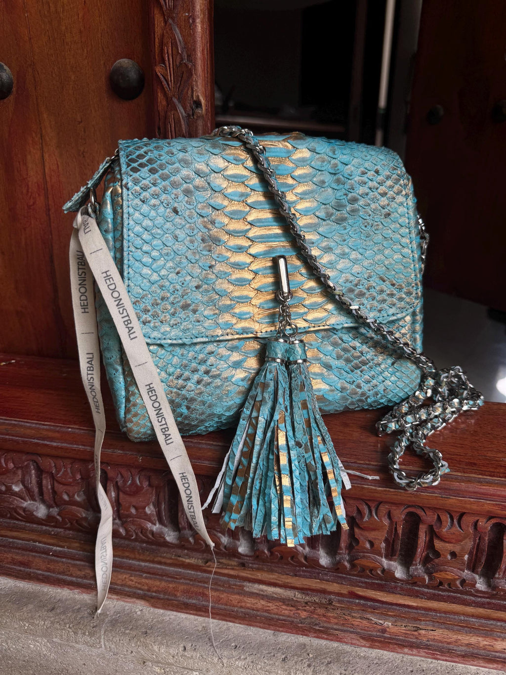 Genuine Python Skin Classy Crossbody Chain Bag Handmade — Blue