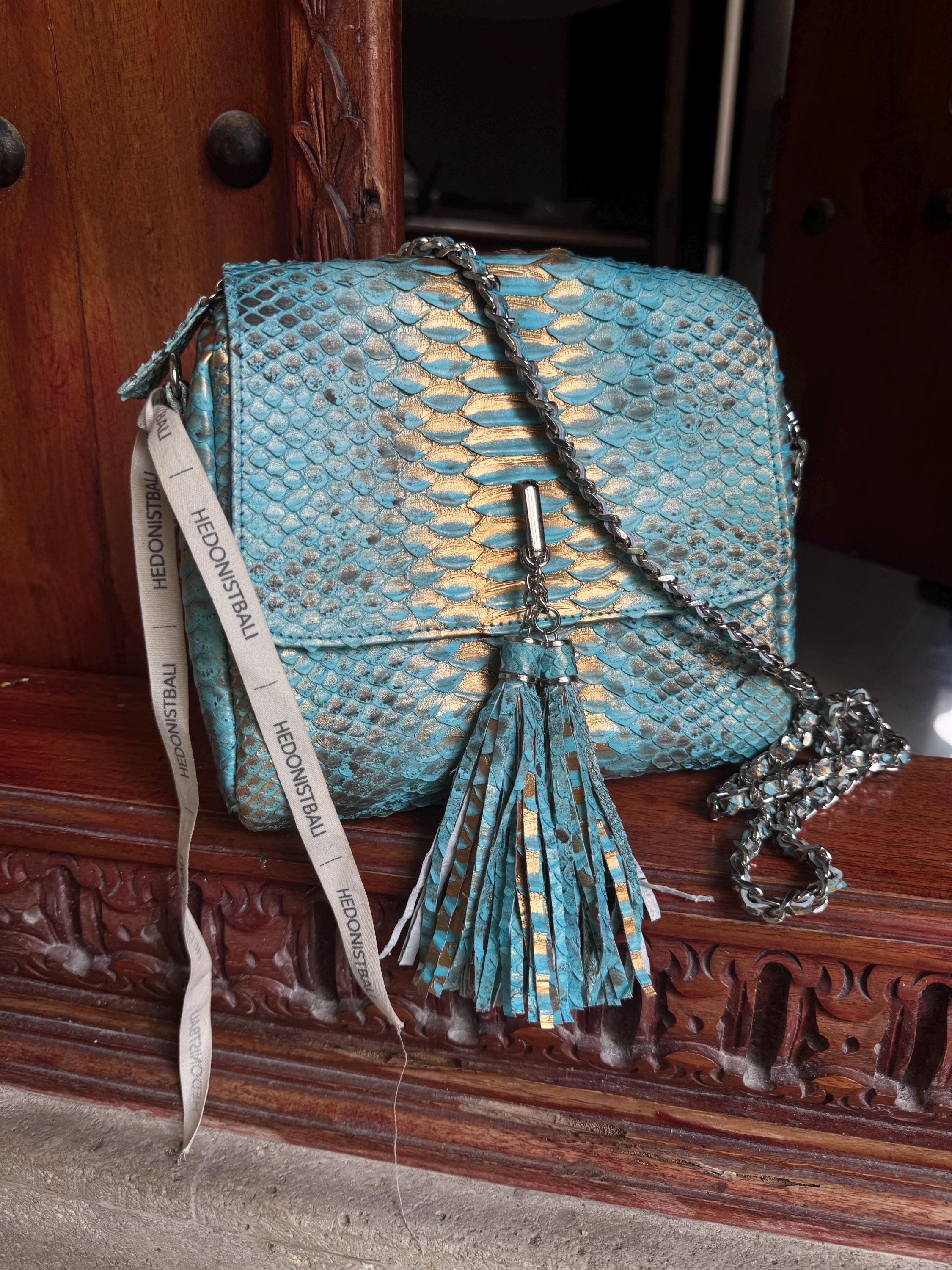 Genuine Python Skin Classy Crossbody Chain Bag Handmade — Blue