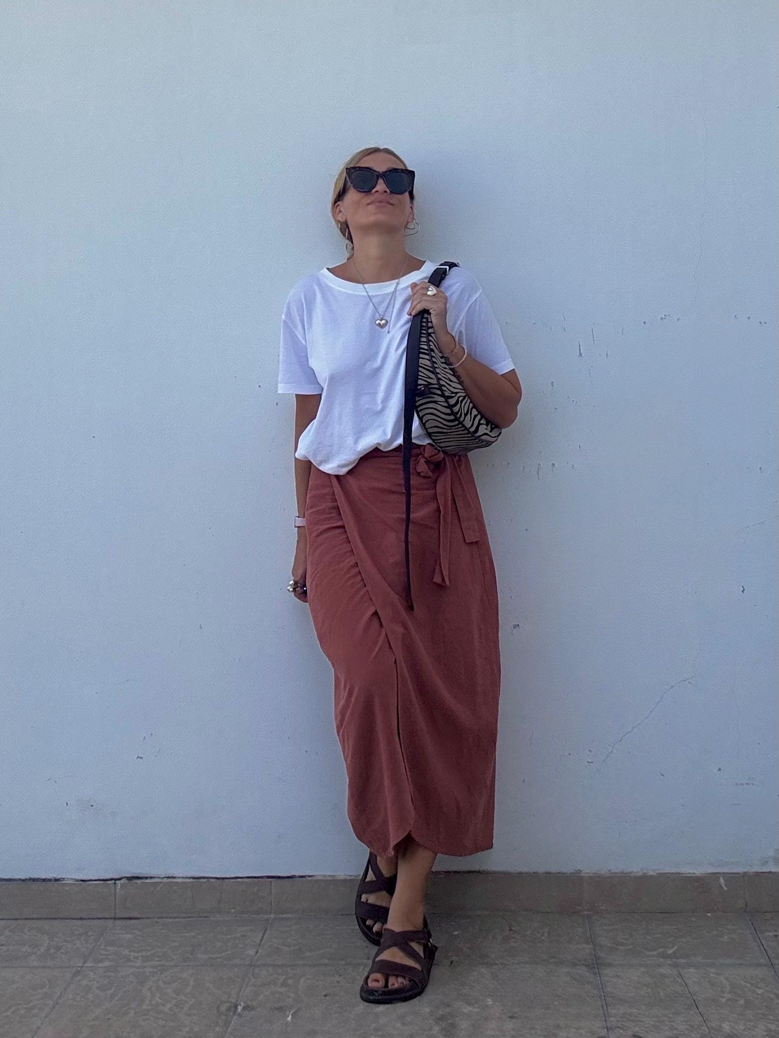 Terracotta Linen Wrap Skirt VERA, Adjustable Waist Midi Linen Skirt, Minimalist Summer Skirt, Handmade Linen Clothing, Cocoon Shape Skirt — Red