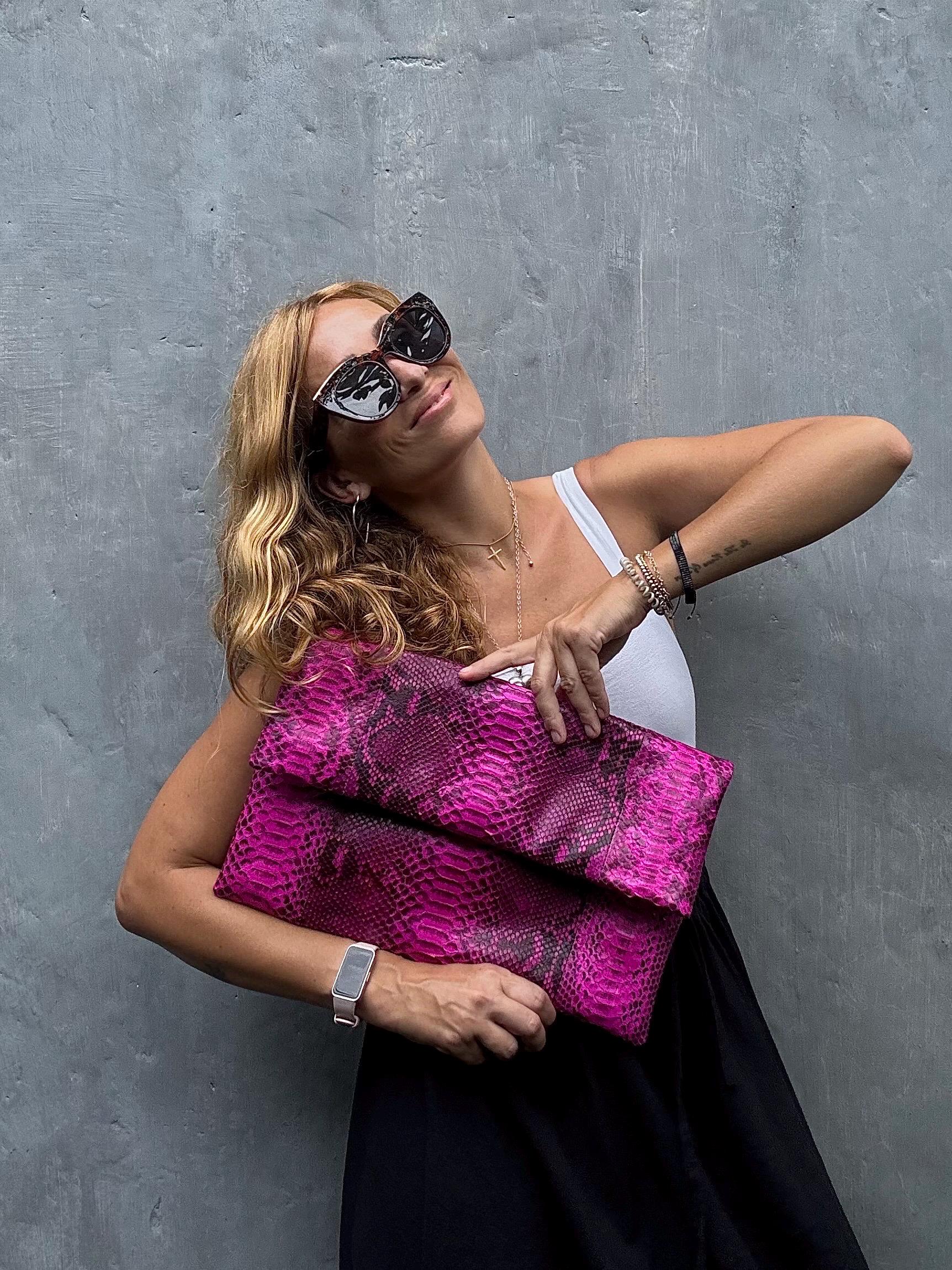 Big Hot Pink Envelope Genuine Python Skin Clutch | Exotic Leather Bag | Apple Macbook Air Leather Case | Summer Woman Purse