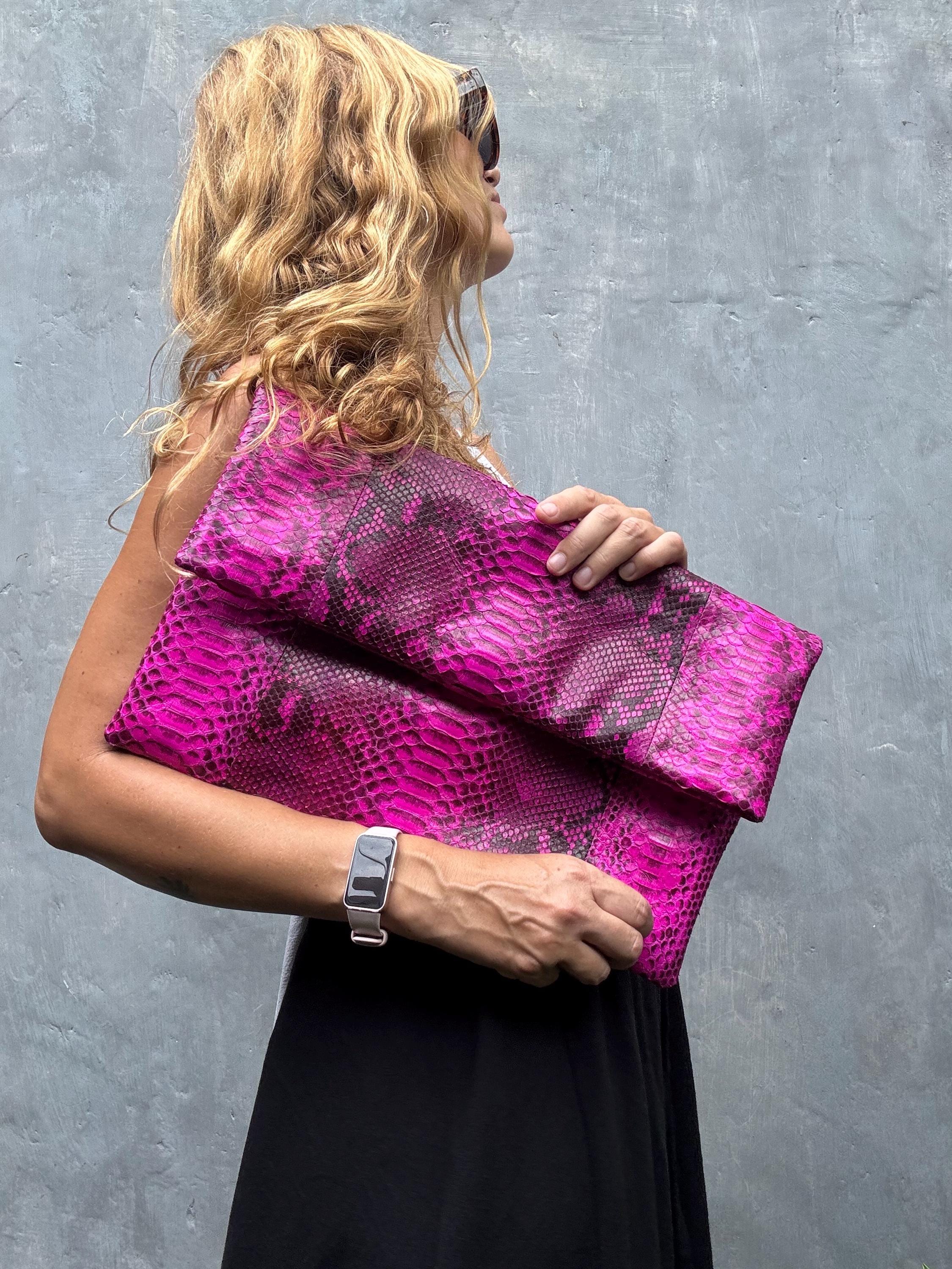 Big Hot Pink Envelope Genuine Python Skin Clutch | Exotic Leather Bag | Apple Macbook Air Leather Case | Summer Woman Purse