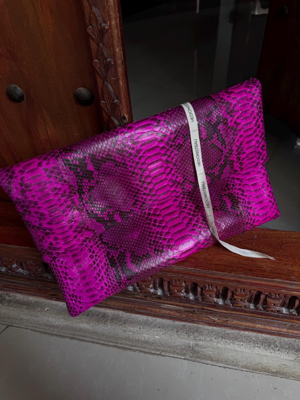 Genuine Python Skin Envelope Clutch — Hot Pink