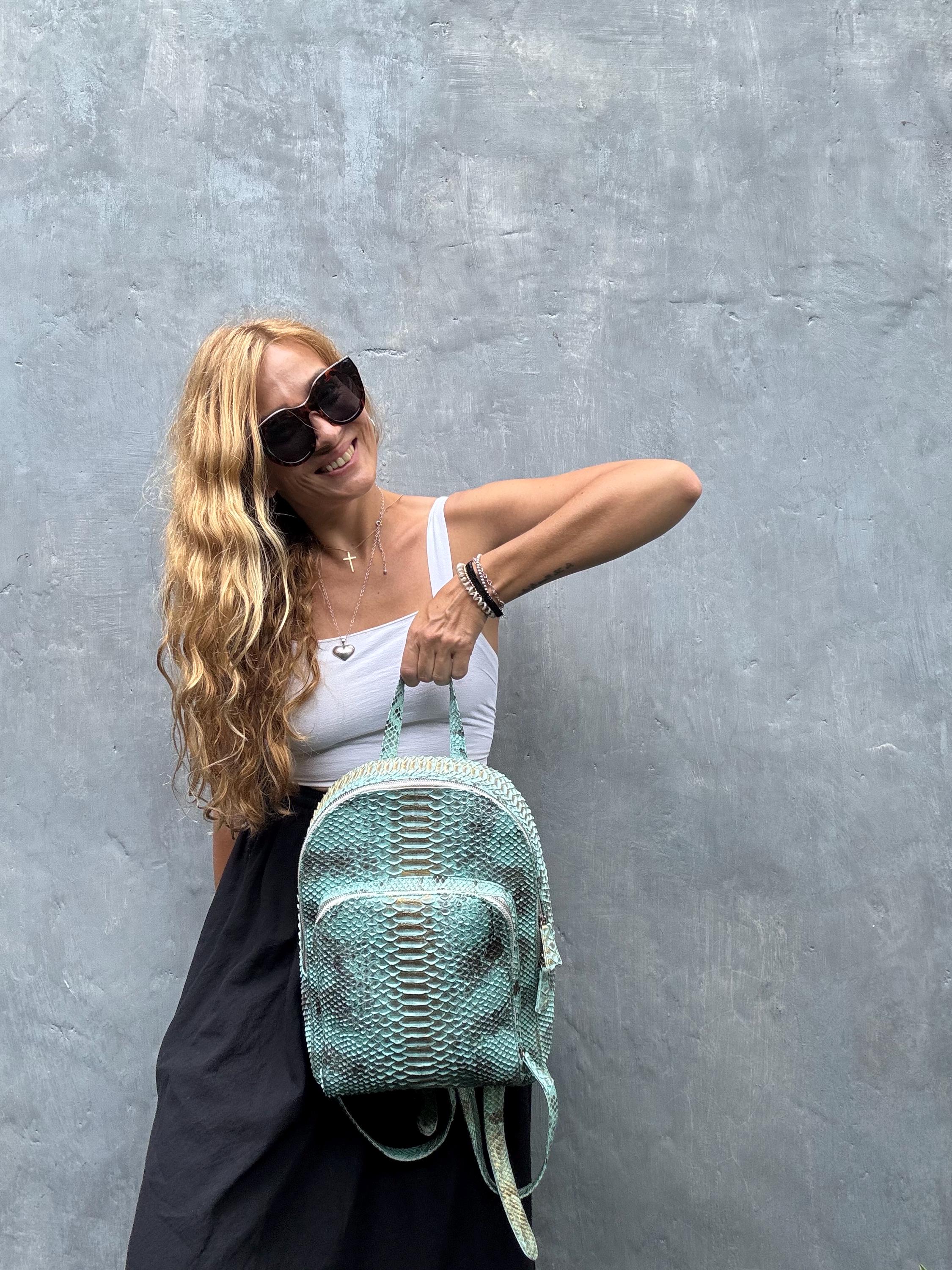 Genuine Python Skin Backpack — Light Blue