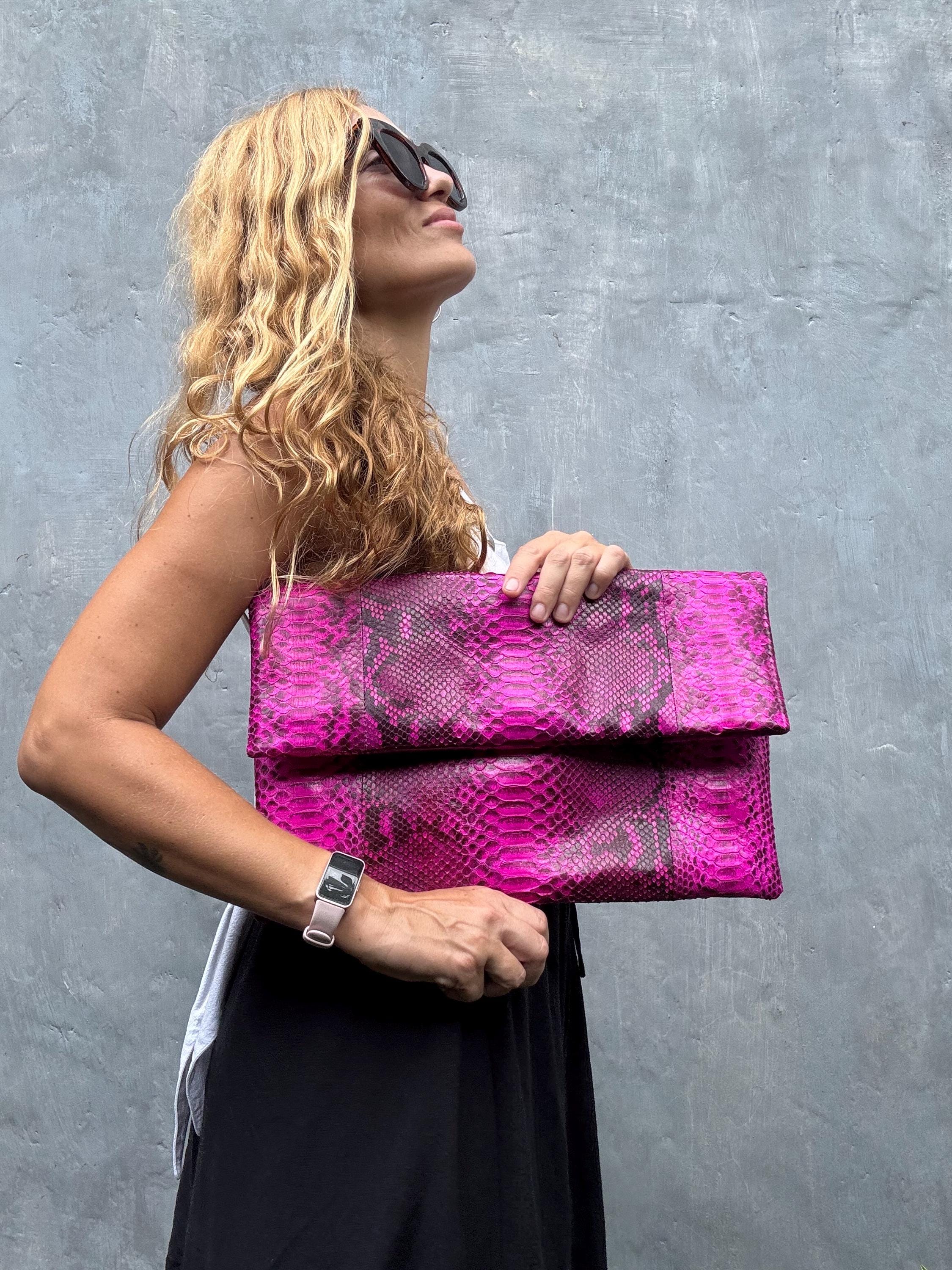 Big Hot Pink Envelope Genuine Python Skin Clutch — Natural