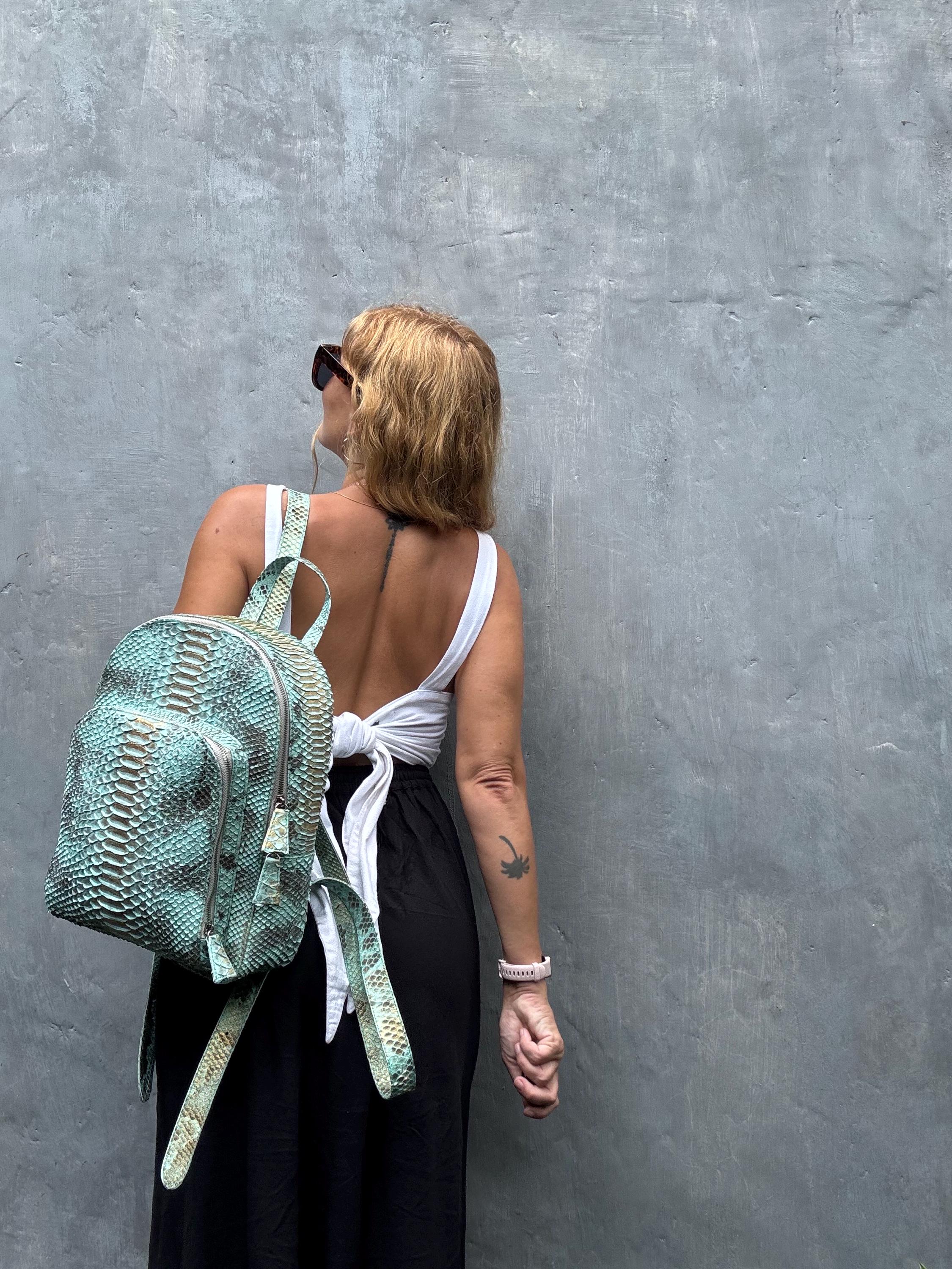Genuine Python Skin Backpack — Light Blue