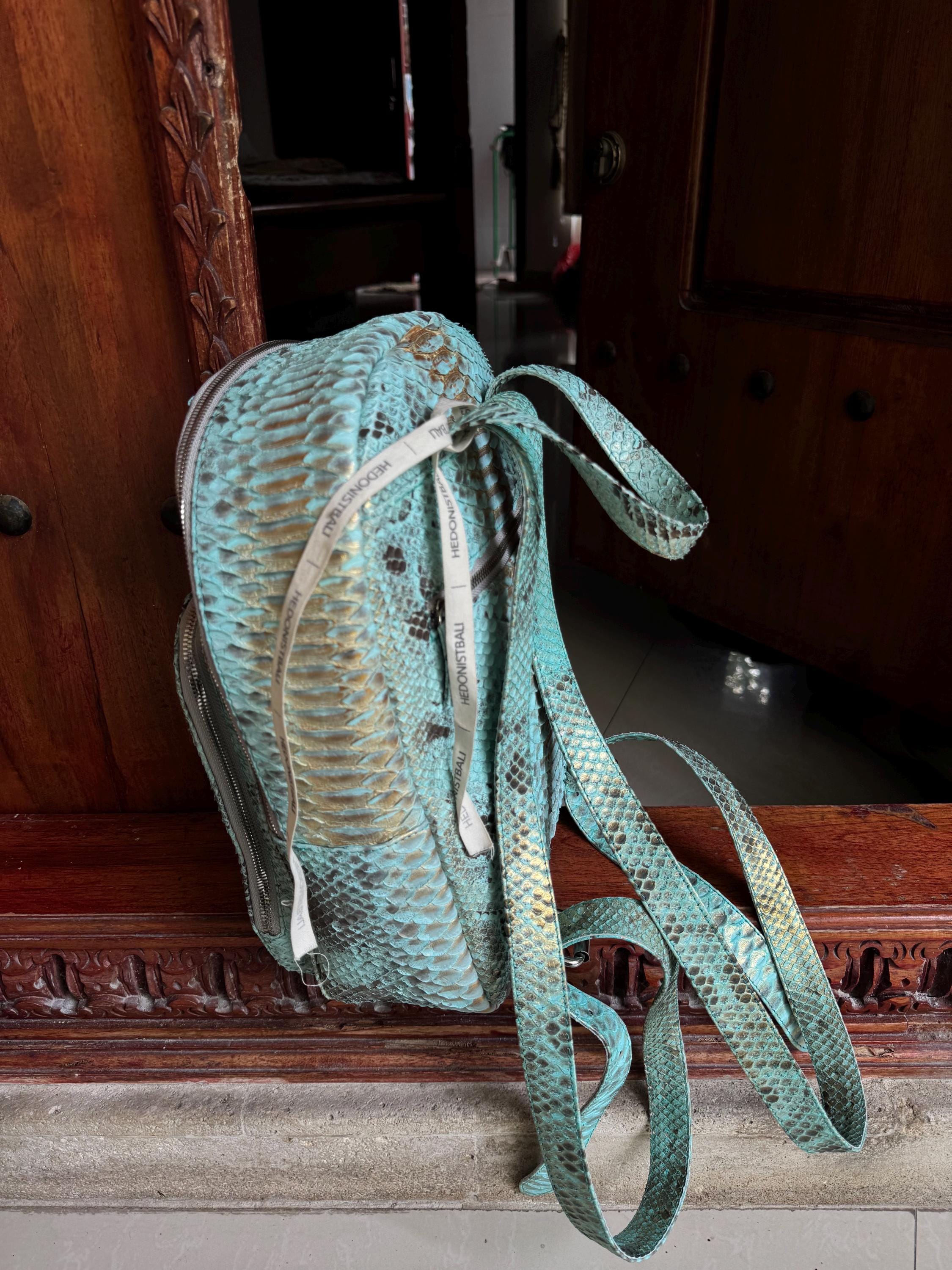 Genuine Python Skin Backpack — Light Blue