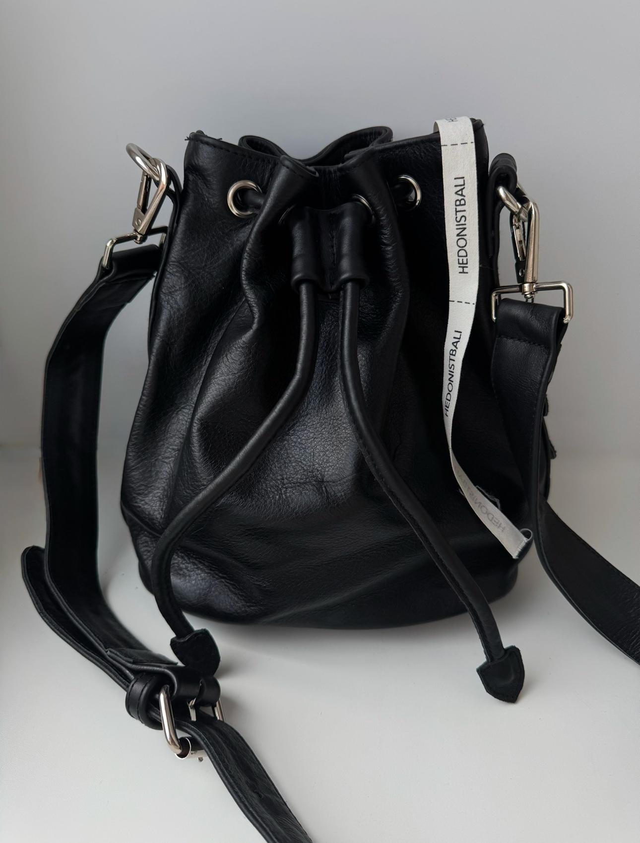 Genuine Leather Bucket Bag — Black