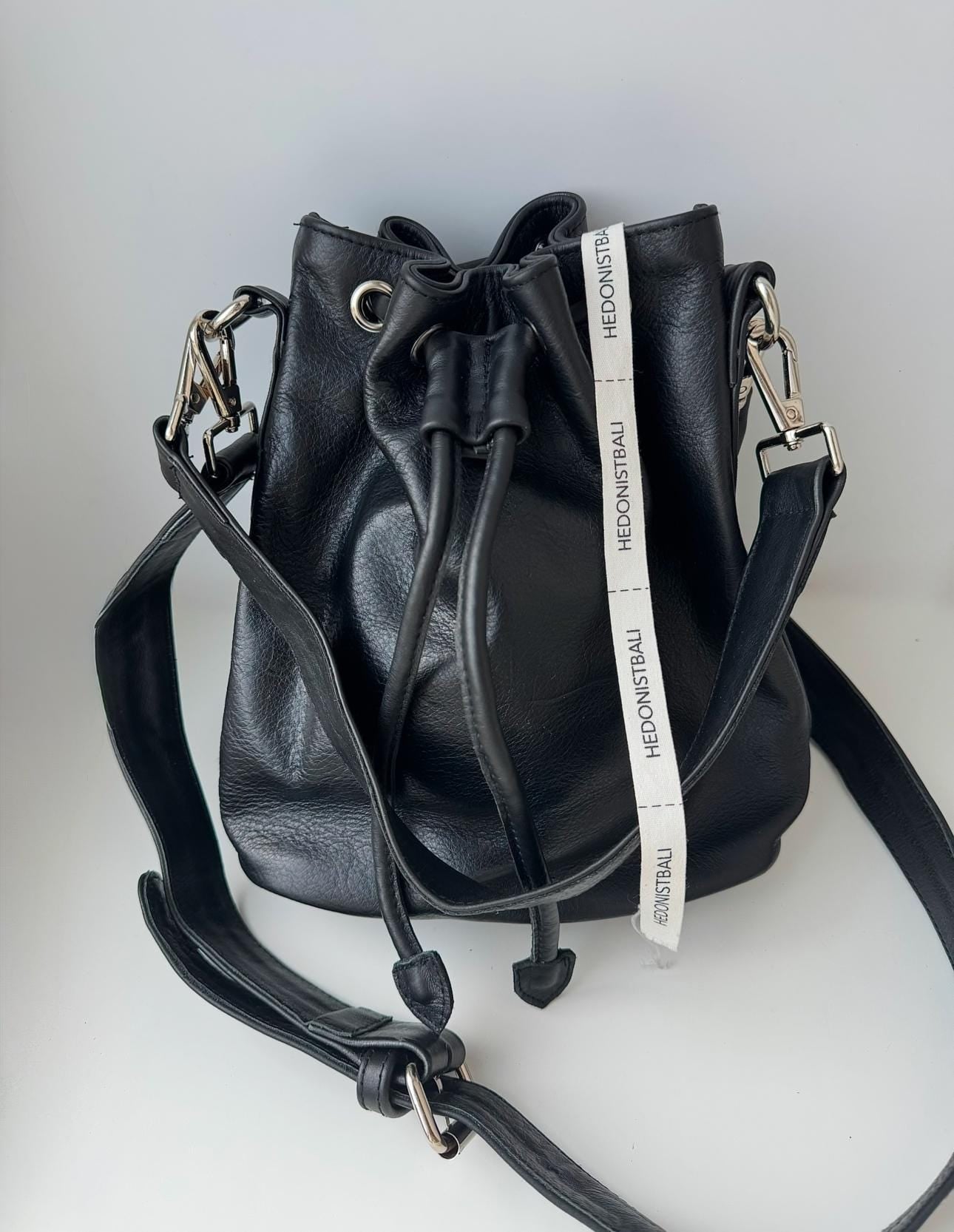 Genuine Leather Bucket Bag — Black