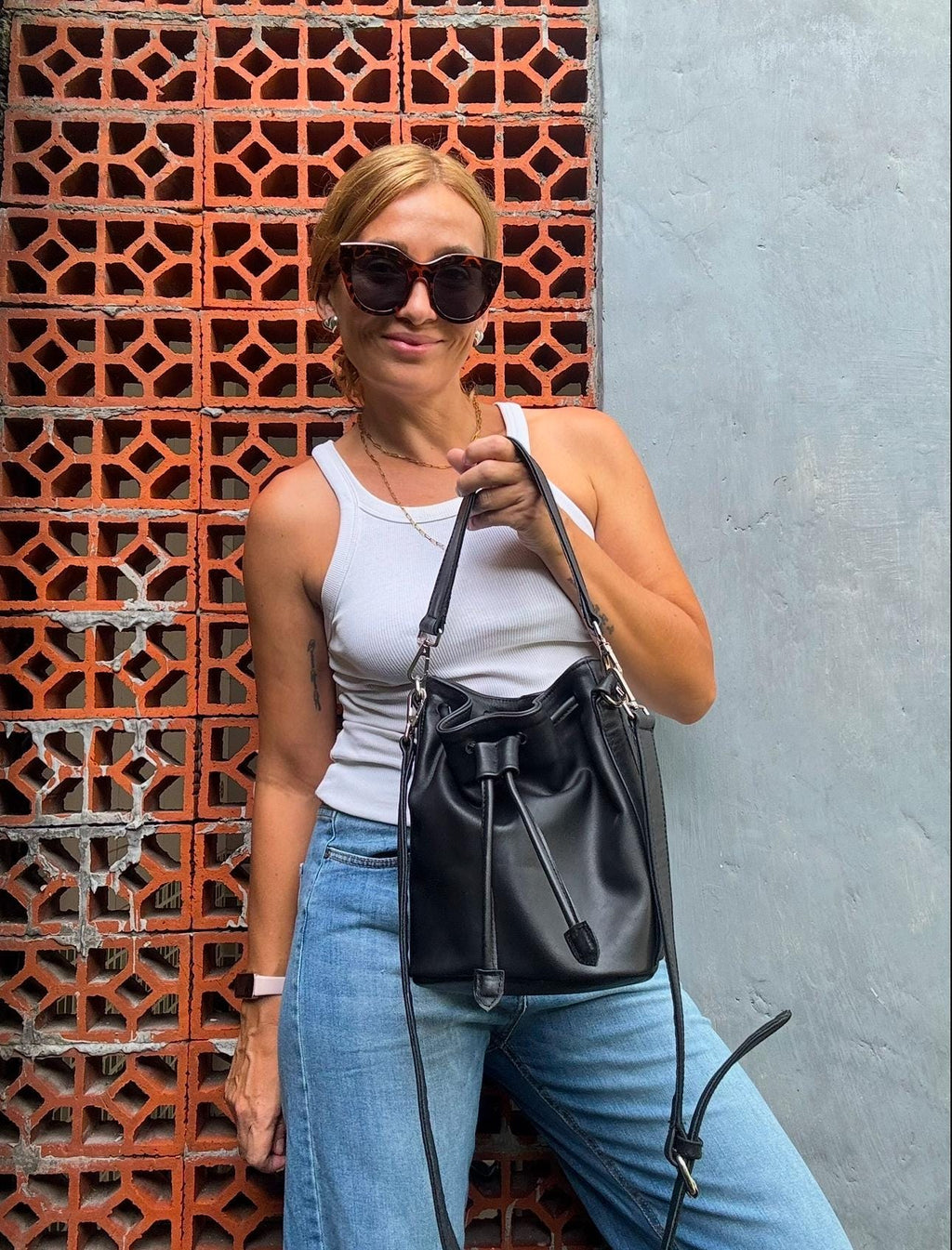 Genuine Leather Bucket Bag — Black