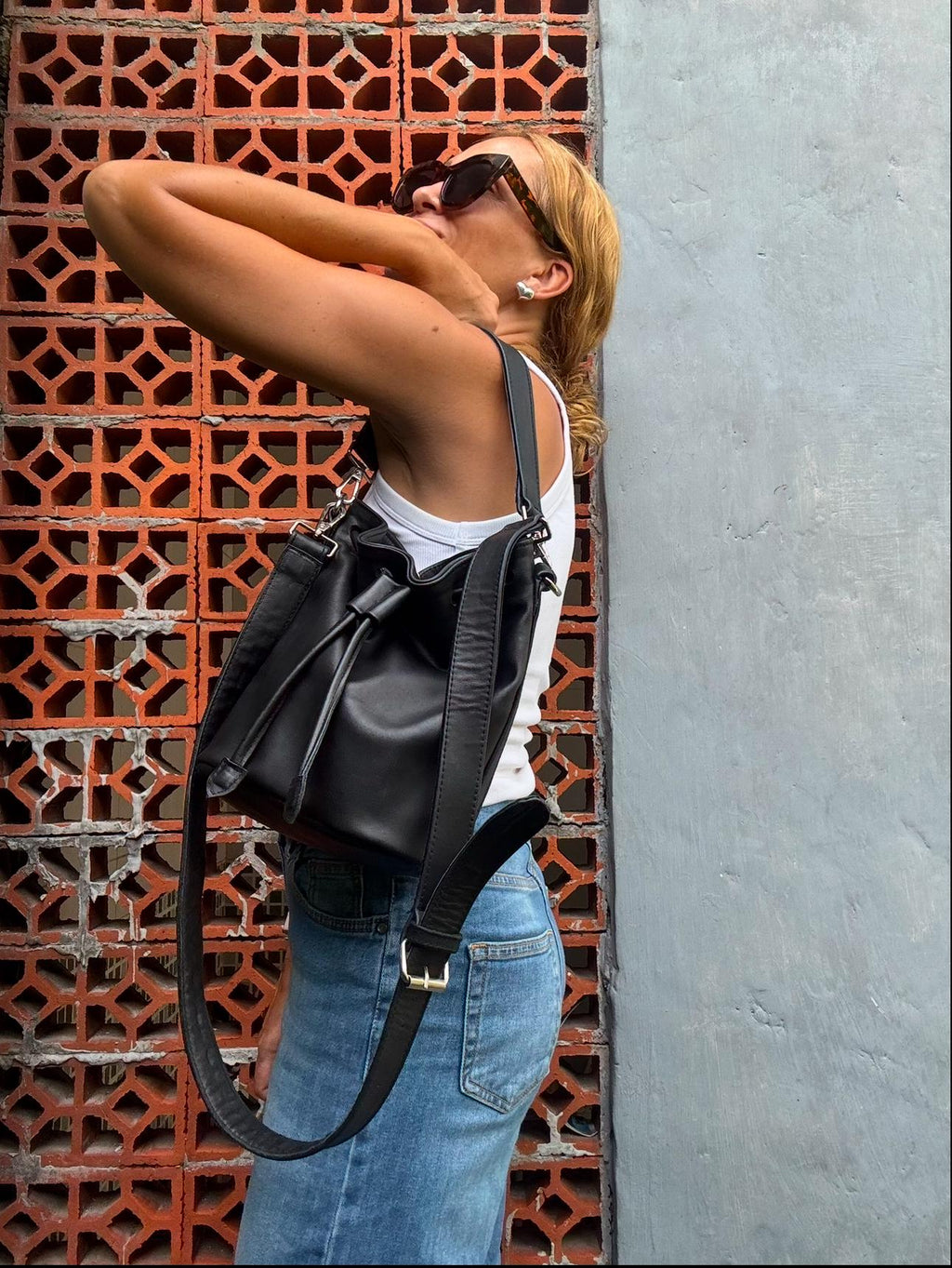 Genuine Leather Bucket Bag — Black
