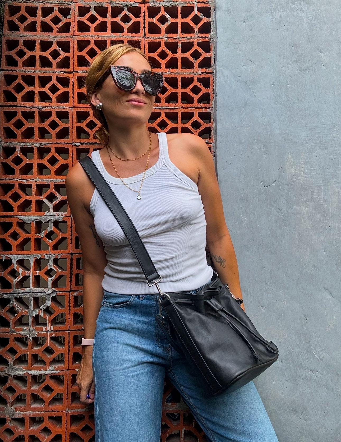 Genuine Leather Bucket Bag — Black