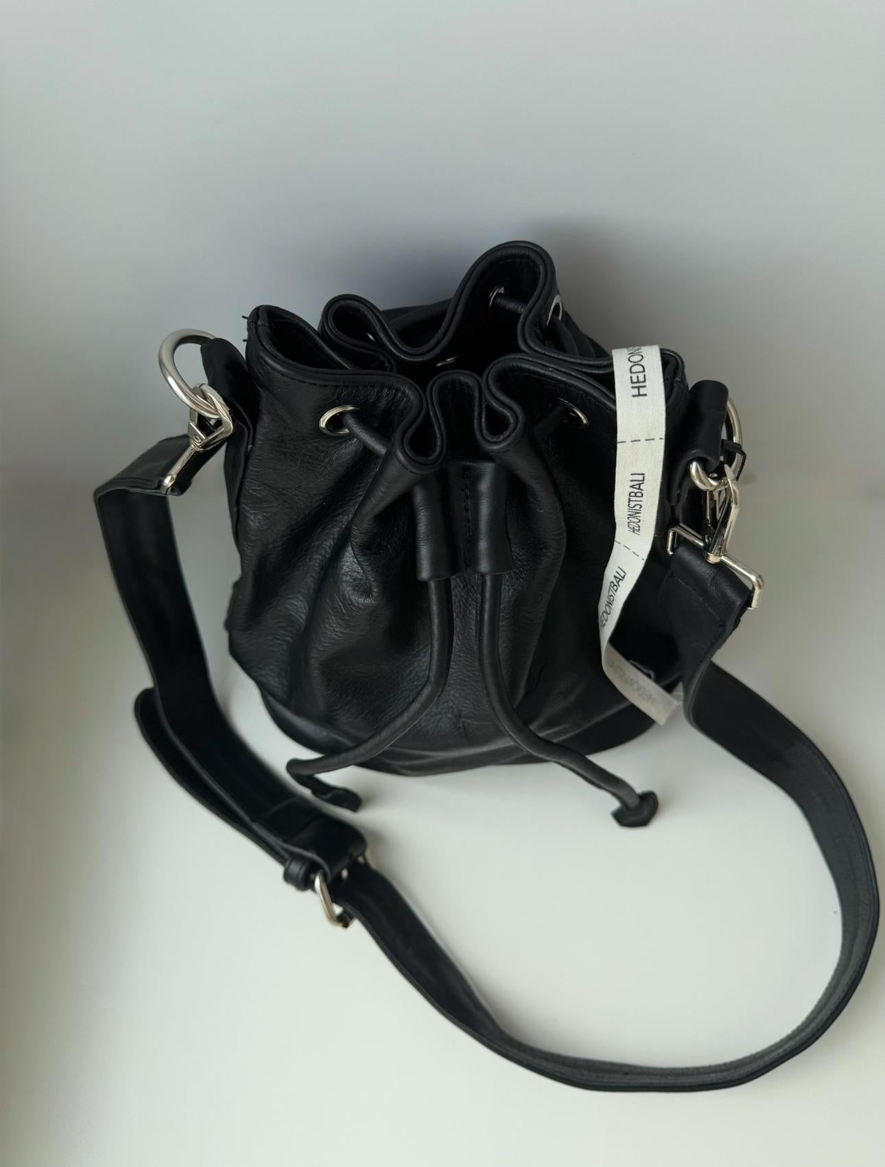 Genuine Leather Bucket Bag — Black