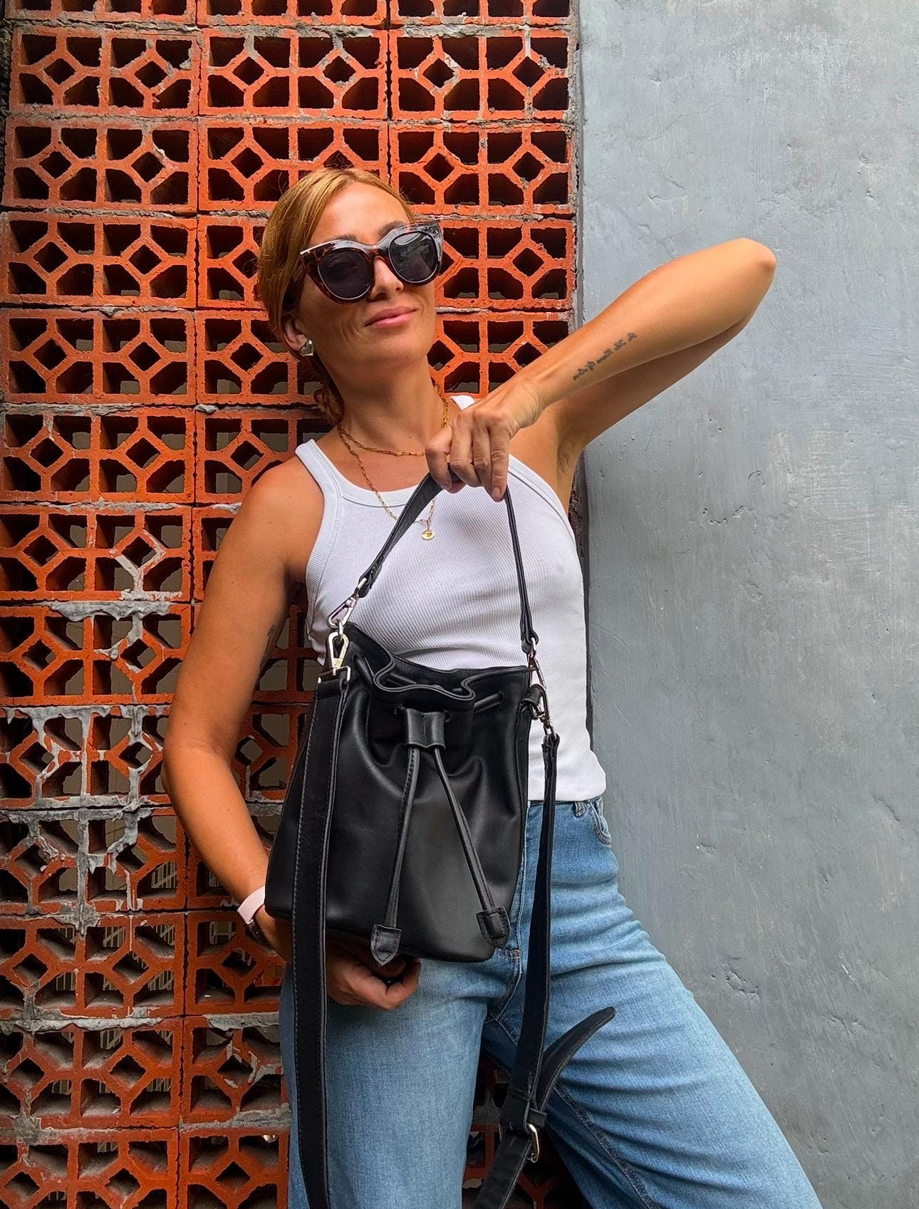 Genuine Leather Bucket Bag — Black