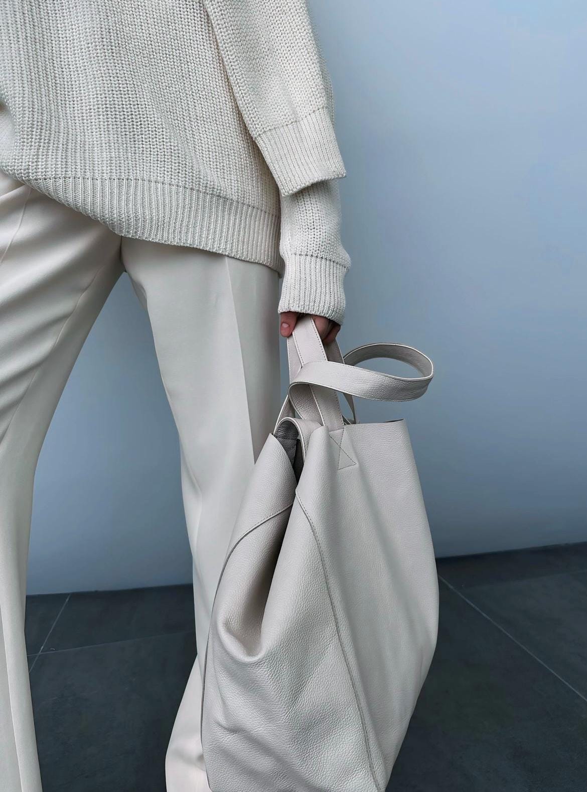 Genuine leather white oversize tote shopper triple handle big bag / everyday purse / handmade bags / designer bags / summer bag /