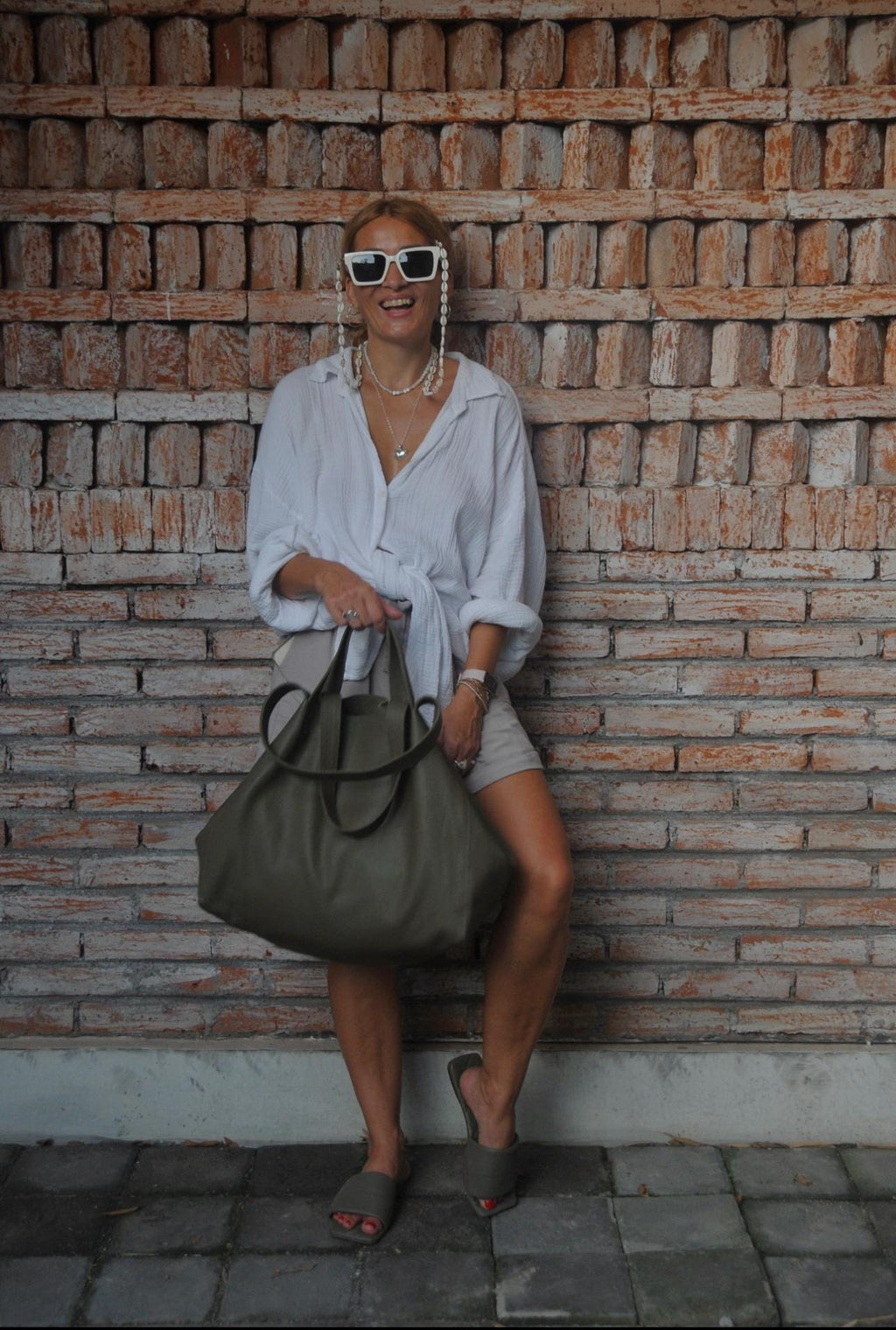 Genuine leather khaki green oversize tote shopper triple handle big bag / everyday purse / handmade bags / designer bags / summer bag / — Red