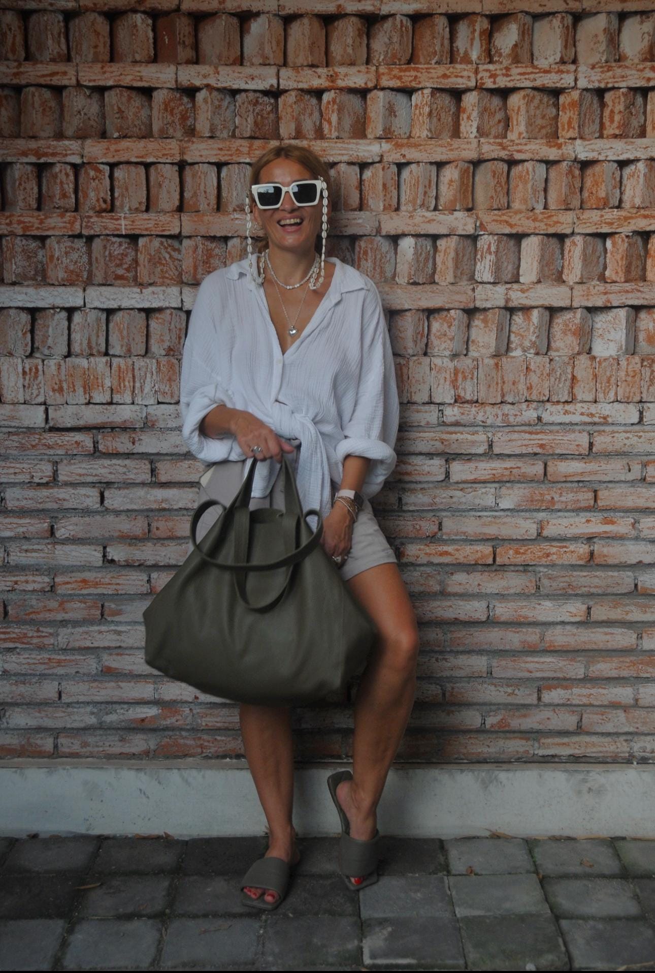 Genuine leather khaki green oversize tote shopper triple handle big bag / everyday purse / handmade bags / designer bags / summer bag / — Red