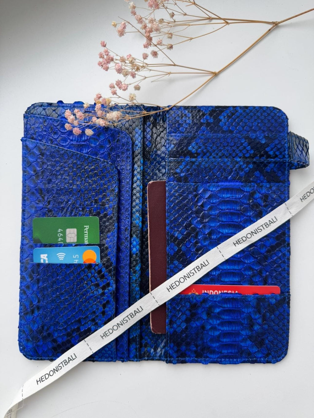 Genuine python skin flat unisex blue document travel organizer/ exotic leather wallet / gift idea
