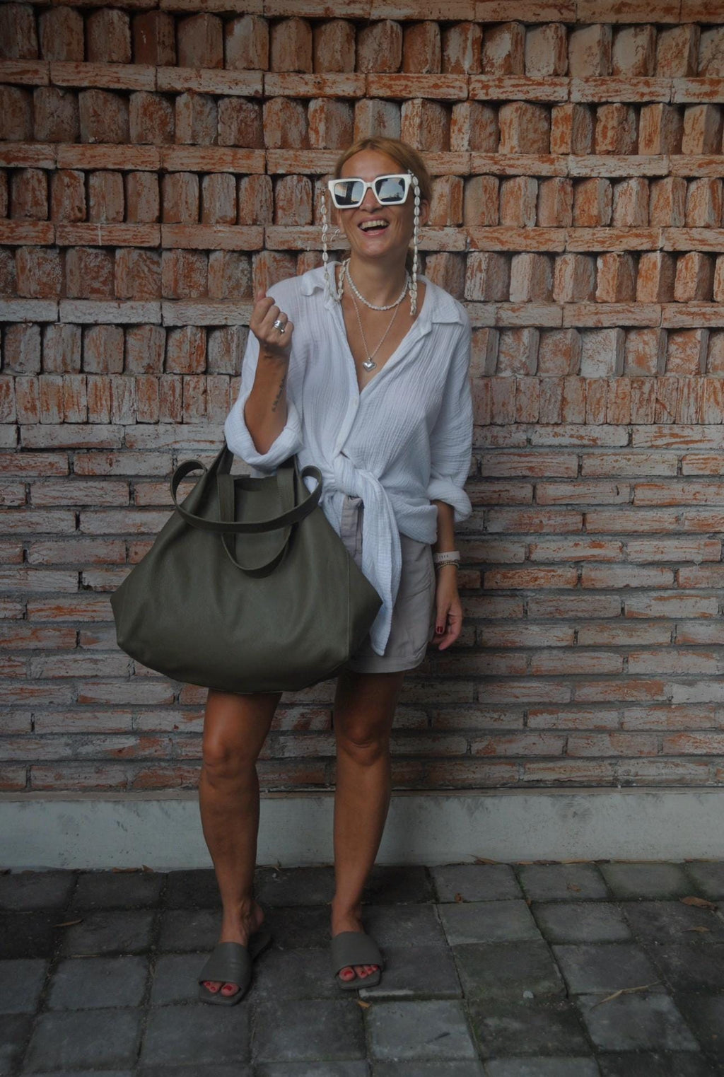 Genuine leather khaki green oversize tote shopper triple handle big bag / everyday purse / handmade bags / designer bags / summer bag / — Red