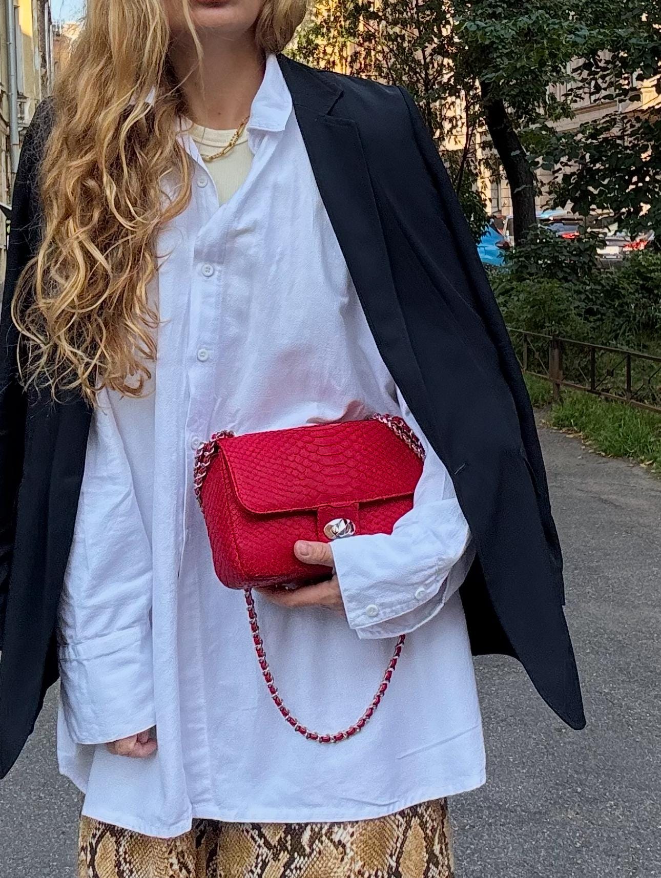 Genuine Python Skin Chain Crossbody Bag — Red