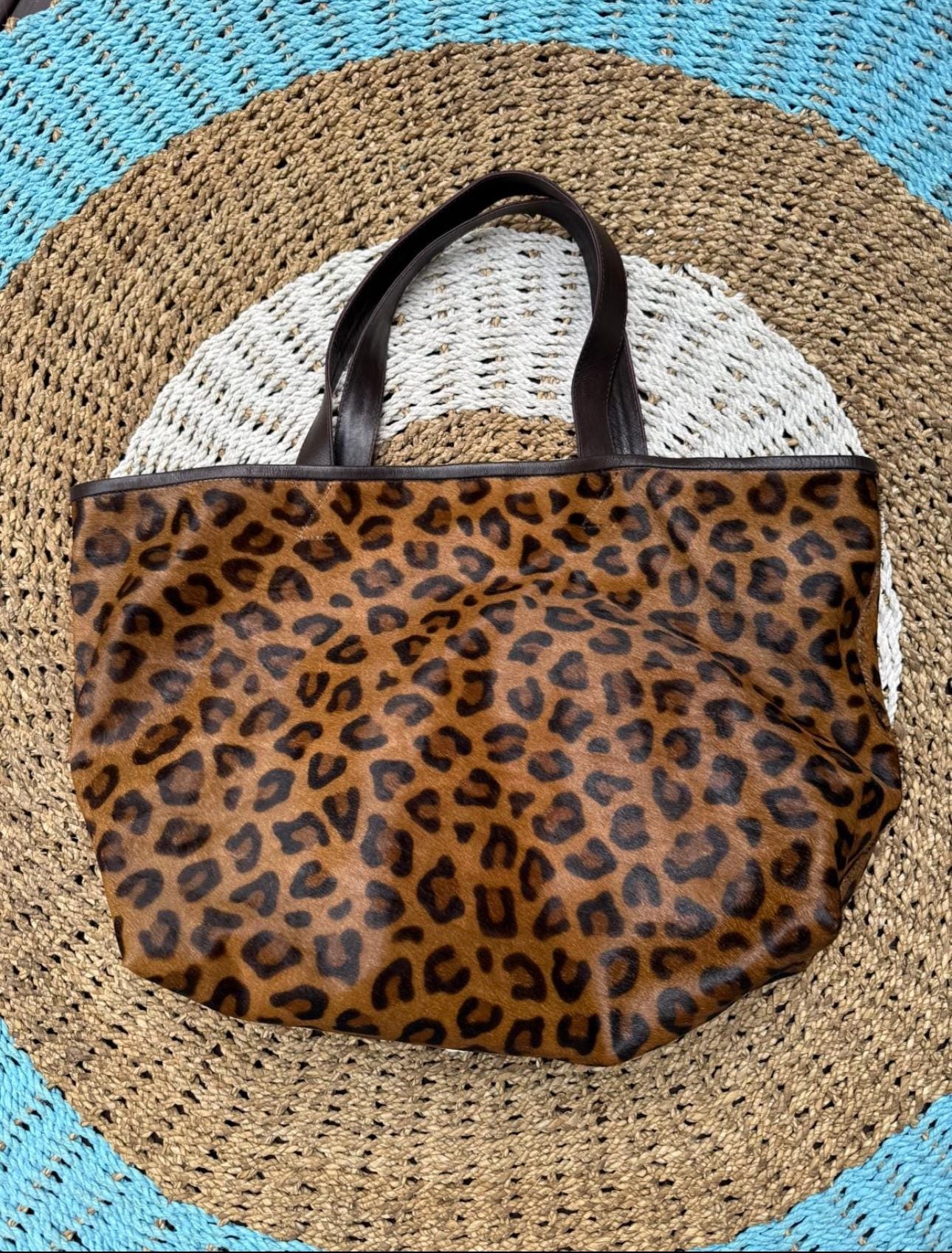 Genuine fur leopard print oversize tote shopper big tote  bag / everyday purse / handmade bags / designer bags / animal print summer bag /