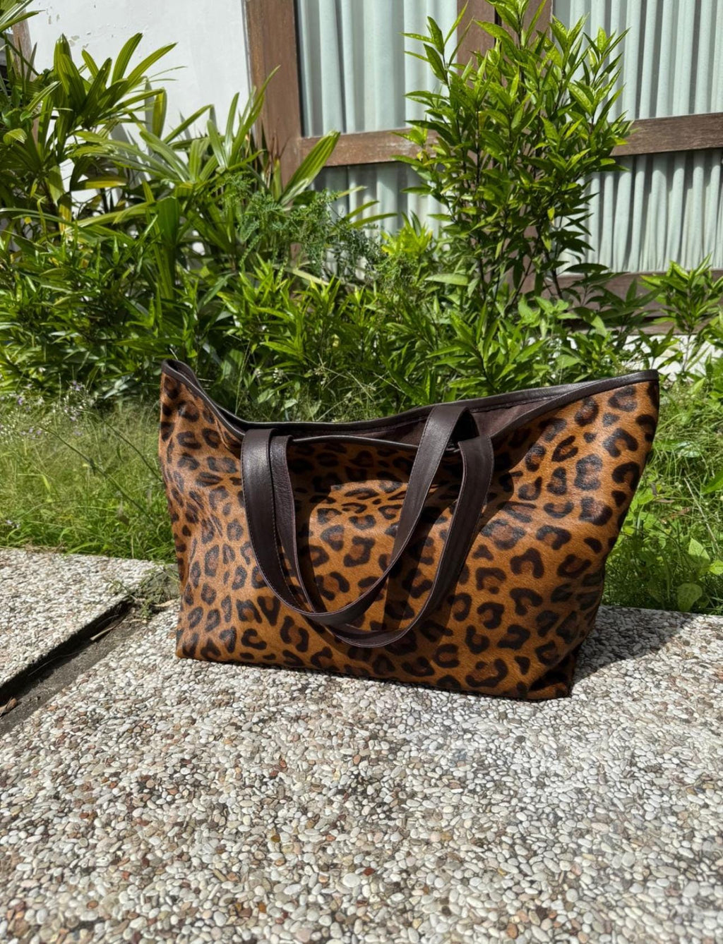 Genuine fur leopard print oversize tote shopper big tote  bag / everyday purse / handmade bags / designer bags / animal print summer bag /