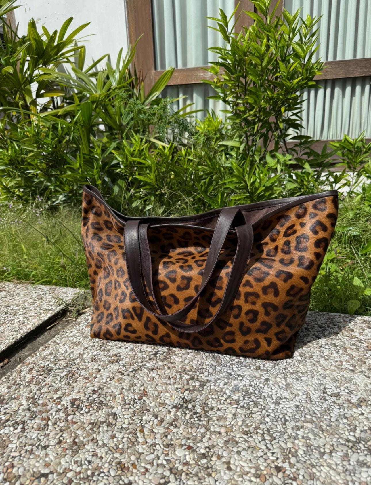 Genuine fur leopard print oversize tote shopper big tote  bag / everyday purse / handmade bags / designer bags / animal print summer bag /