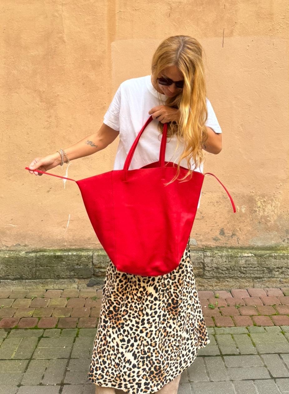 Genuine leather red tote shopper big bag / everyday purse / handmade bags / designer bags / summer bag / gift for her